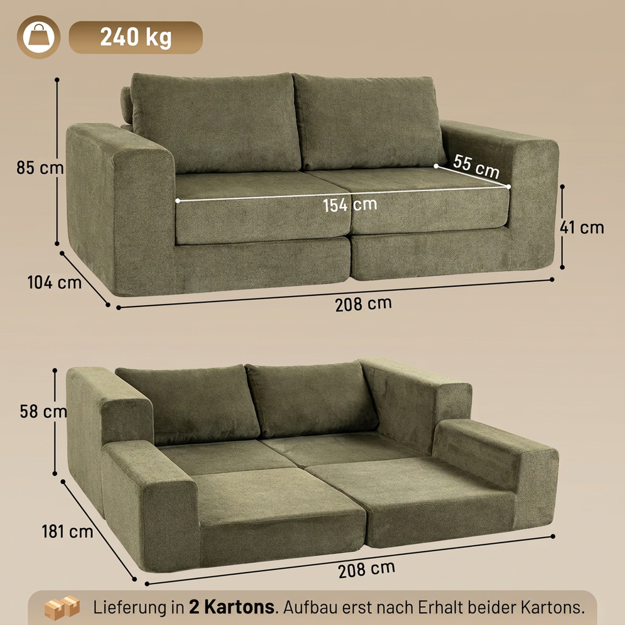 Schlafsofa 4-in-1 Schlaffunktion ausziehbar Klappsofa Kissen 2 Sitzer Grün