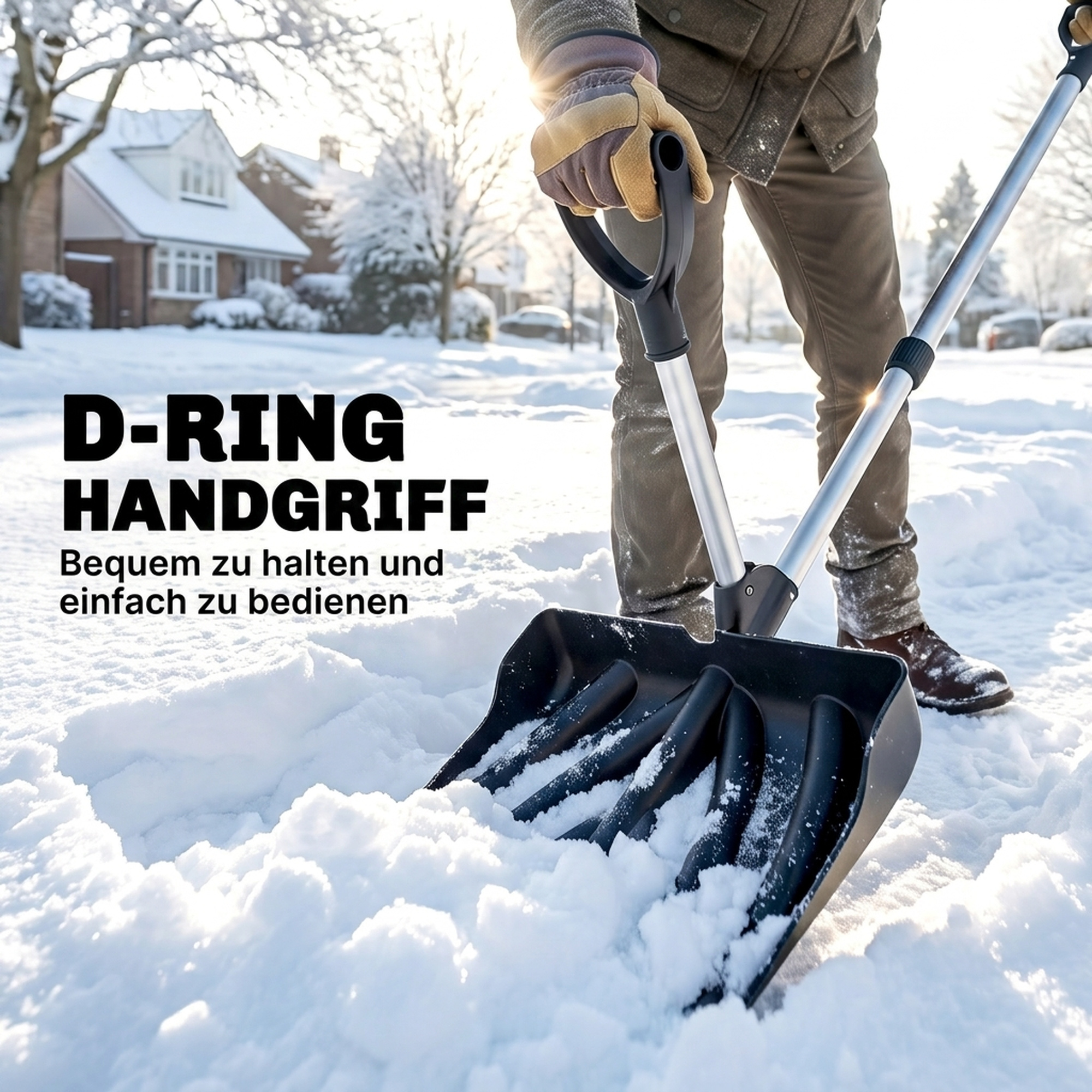 Schneeschieber 45 cm breit Kusnstoff Schneeschaufel mit Ergonomischer Zusatzgriff, Schneeräumer mit Alustiel Metallkante