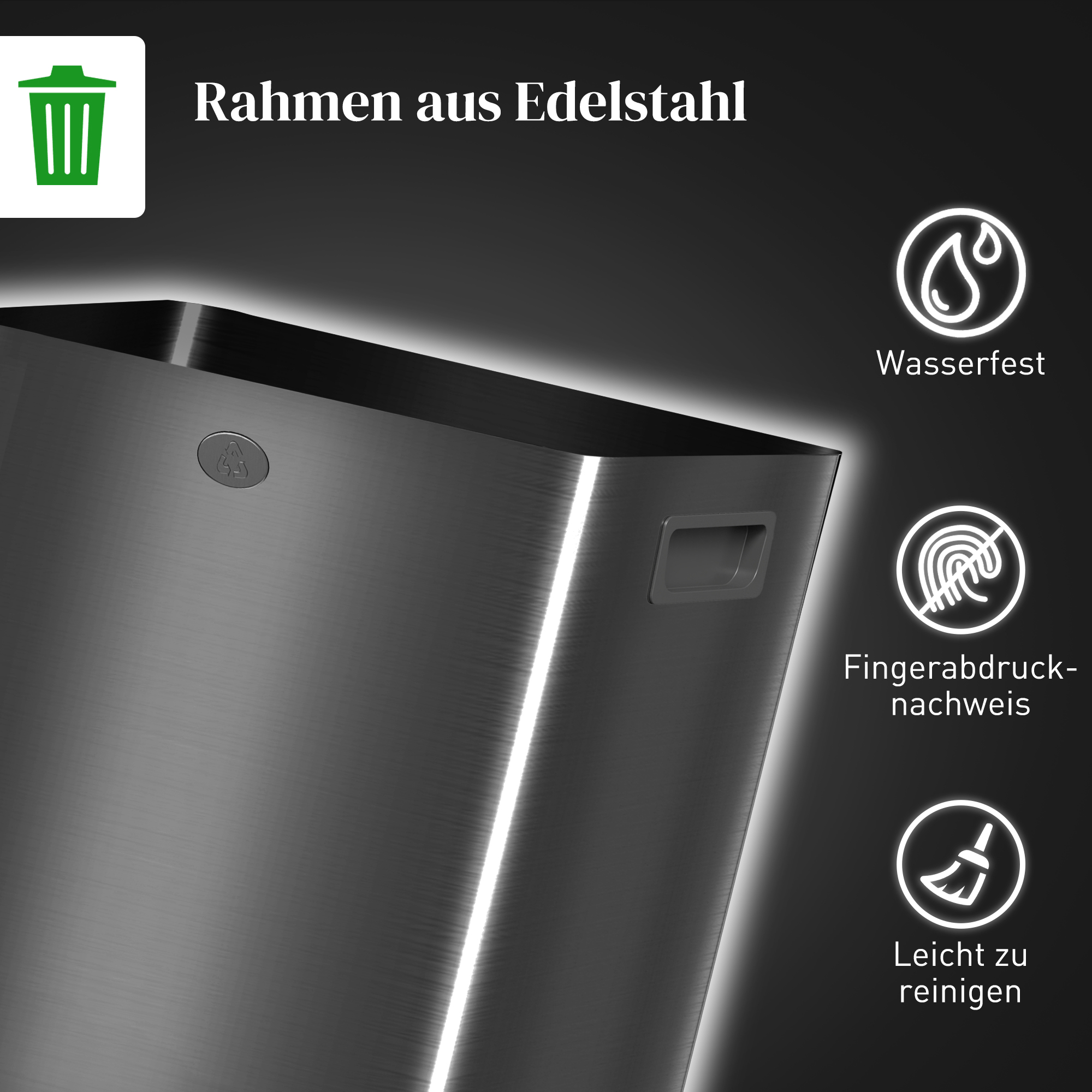 2 x 20l Doppelmülleimer, Pedalöffnung, leicht zu reinigen, Edelstahl, Kunststoff, Schwarz