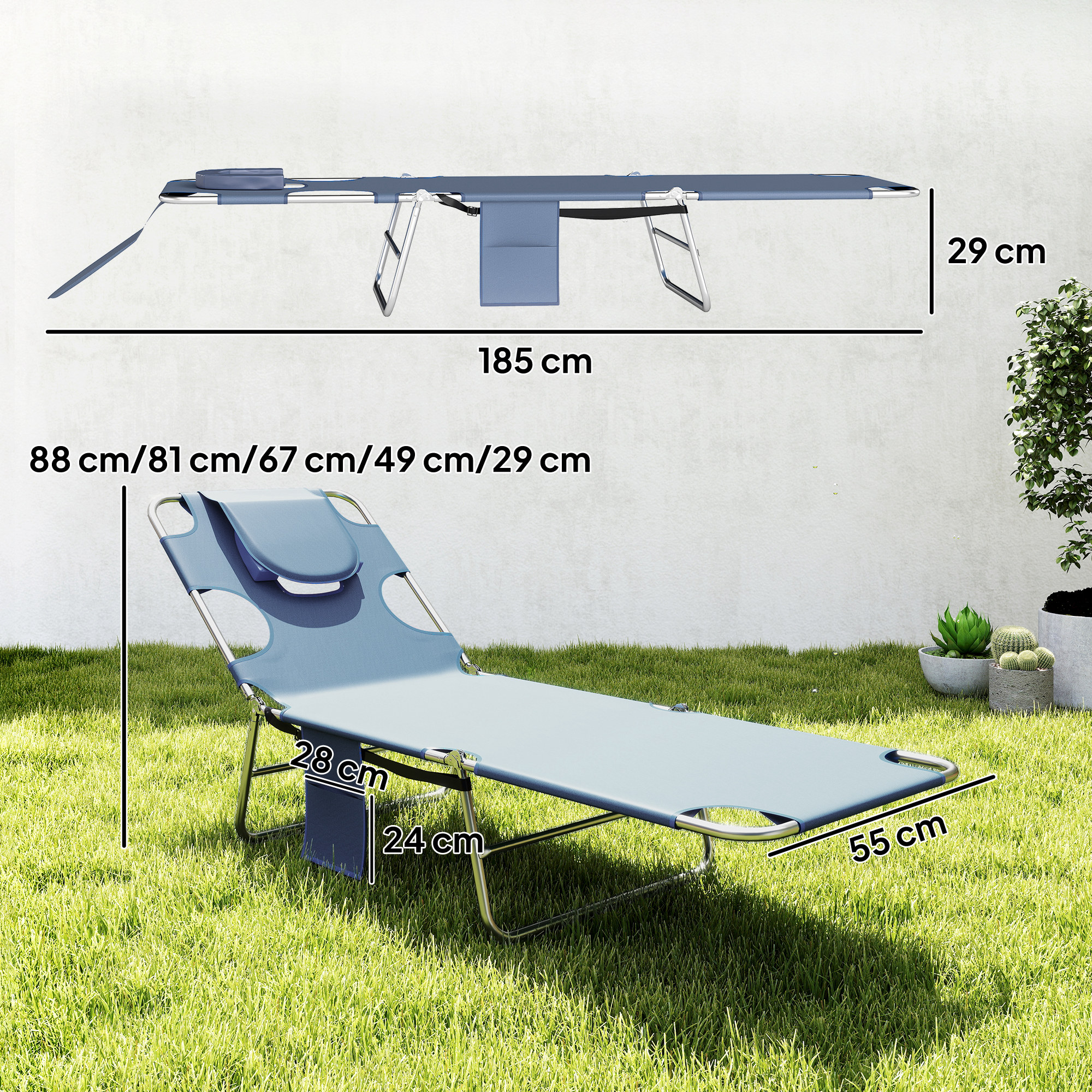 Gartenliege, Liegestuhl mit gepolsterter Gesichtsöffnung, Massage-Liege für draußen, Seitentasche, Stoff, Metall, Grau