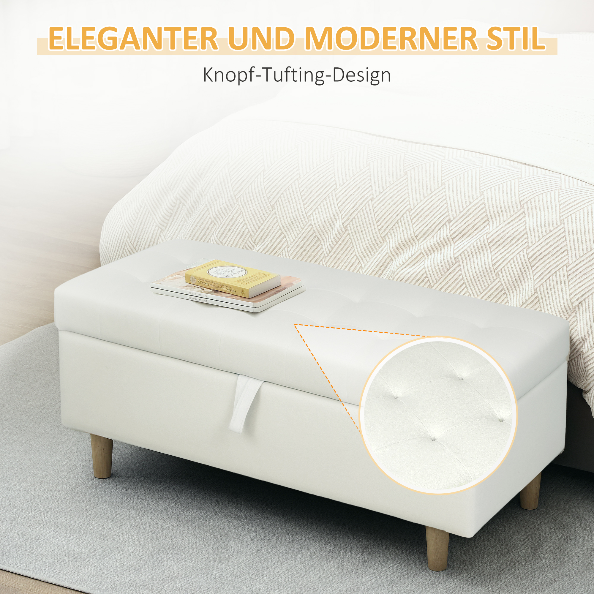 Polsterhocker mit Stauraum, Holzbeine, weicher Stoffbezug, Cremeweiß