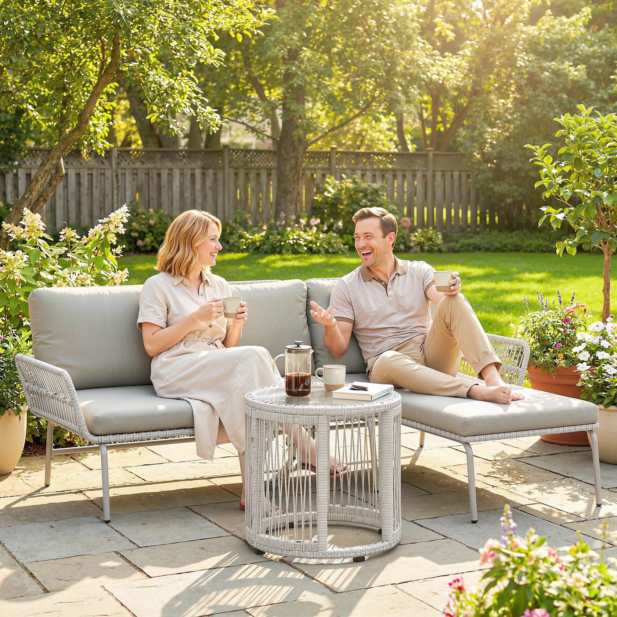Polyrattan Gartenmöbel Set 3-teilig mit Sonnenliege Zweisitzersofa Couchtisch abnehmbar Kissen Hellgrau