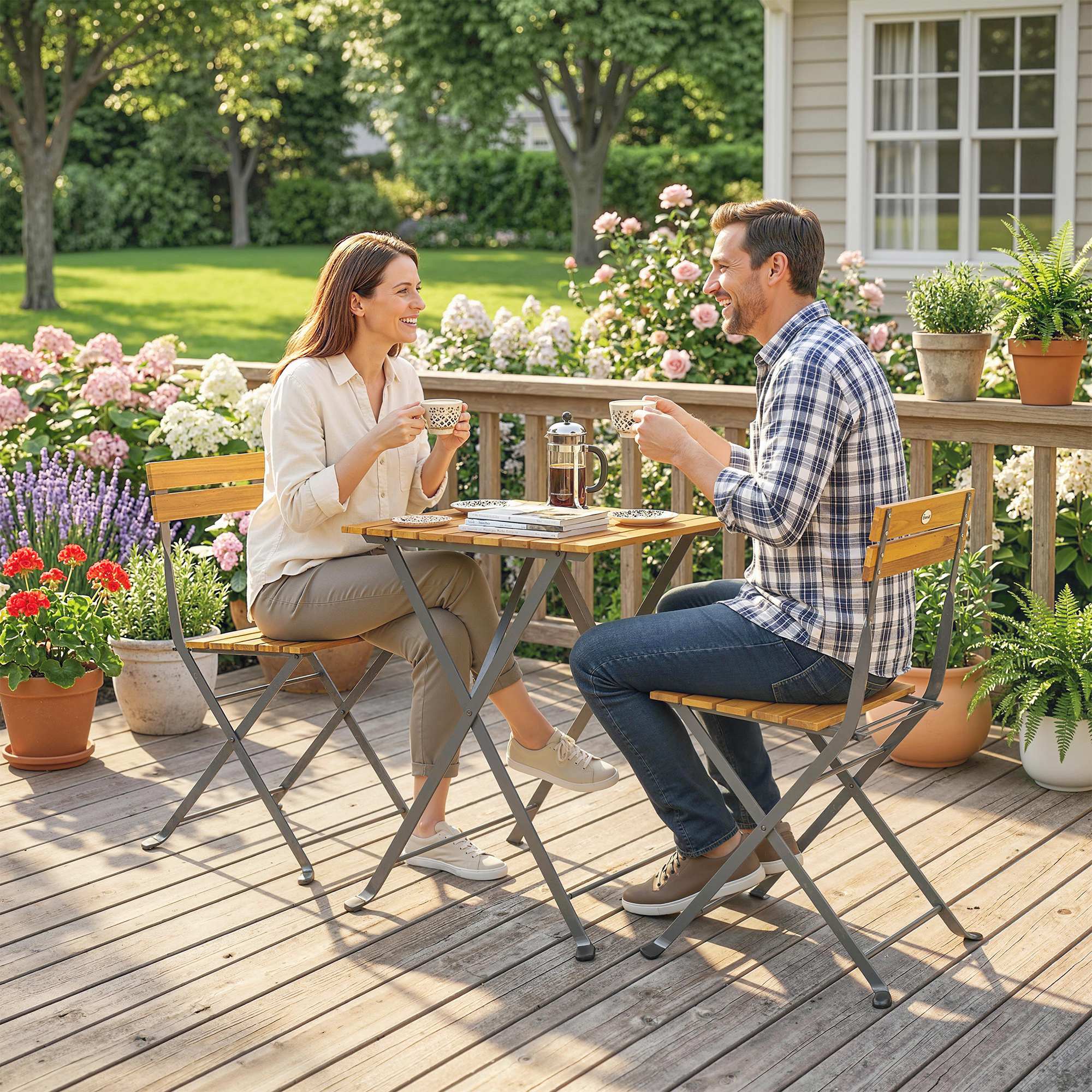 Sitzgruppe 3 tlg. Essgruppe für 2 Personen klappbarer Esstisch mit 2 klappbare Stühle für Terrasse Balkon Teak