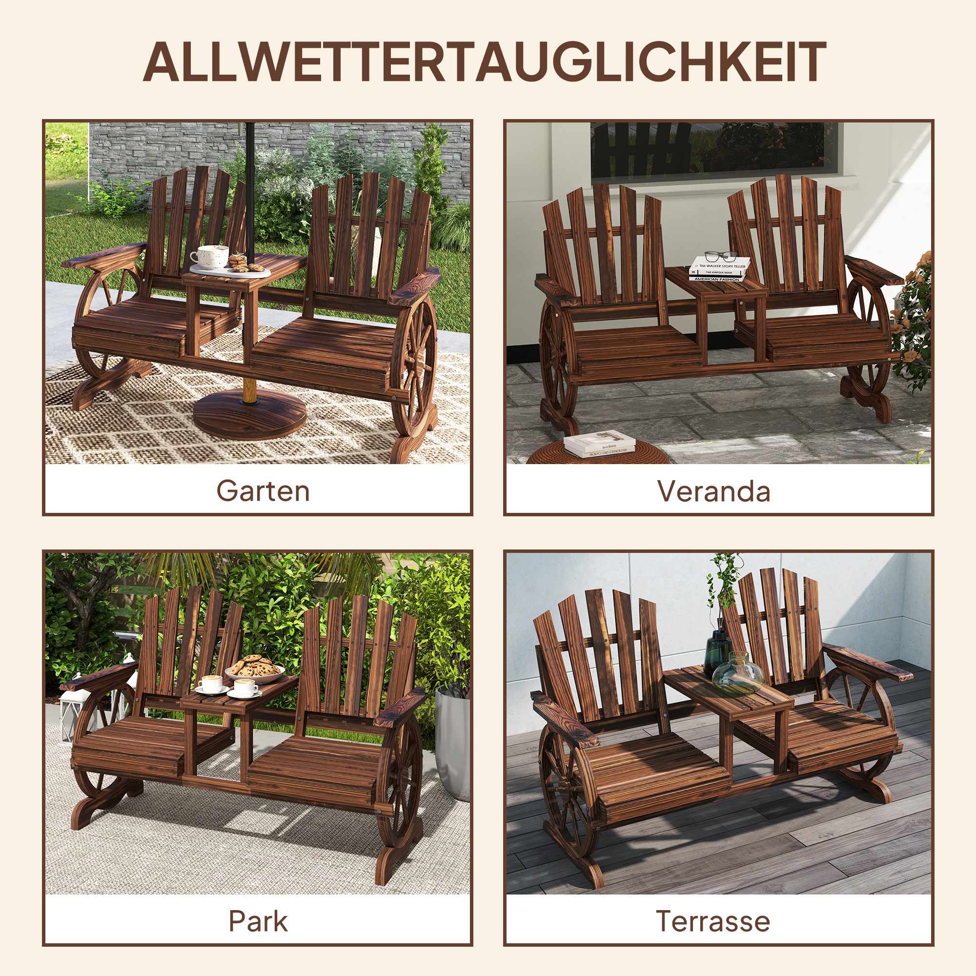 2-Sitzer Gartenbank Holz, wetterfest Sitzbank, mit Schirmloch, Beine im Wagenradform 154 x 65 x 102 cm Verkohlt