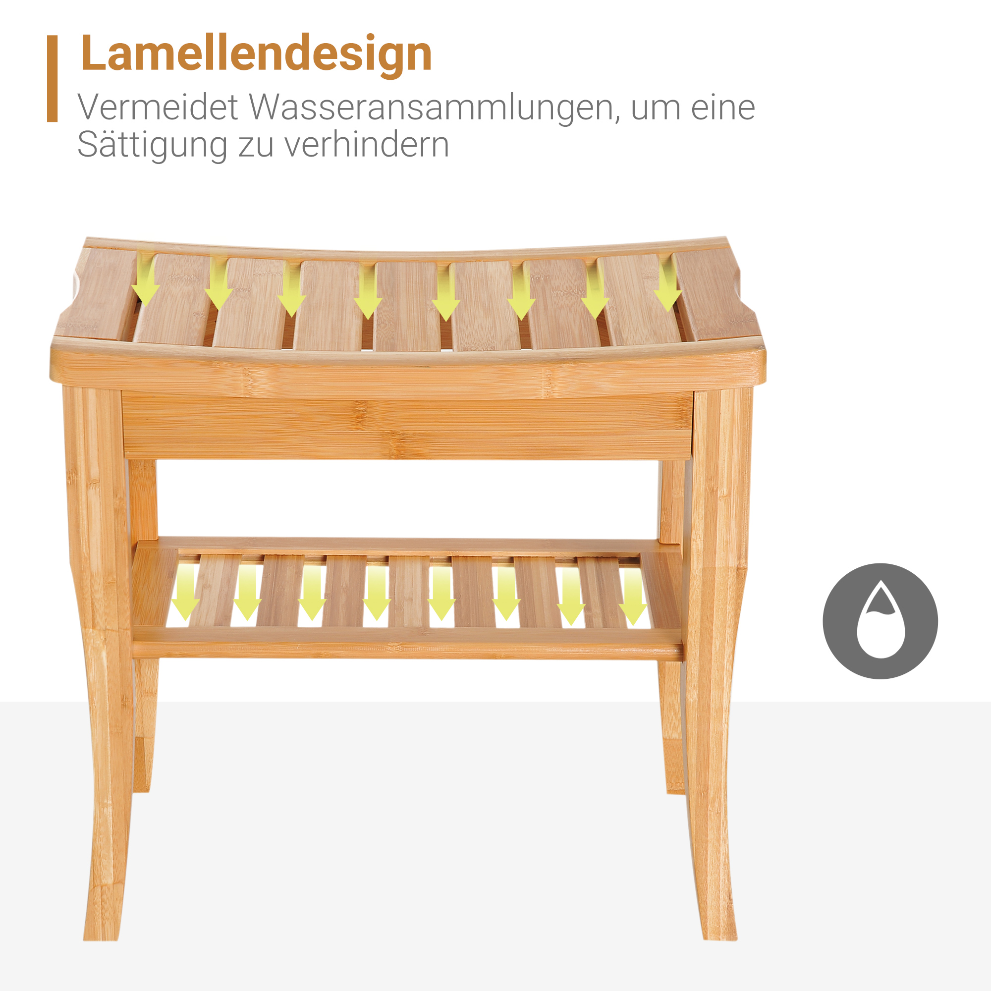 Duschhocker Badhocker mit Ablage Duschsitz Duschstuhl Badstuhl Badregal Bambus 47,5 x 26 x 44,5 cm Natur
