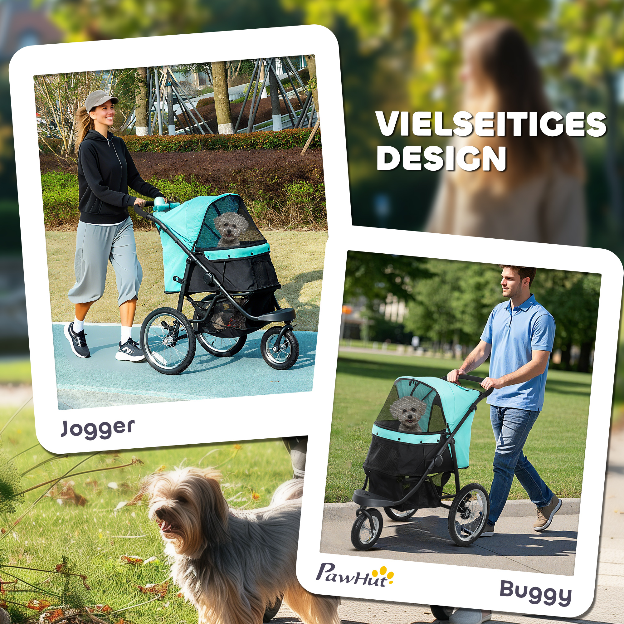 Hundebuggy, Haustierwagen für kleine Hunde und Katzen, mit Aufbewahrungskorb, Ein-Klick-Faltdesign, Türkis