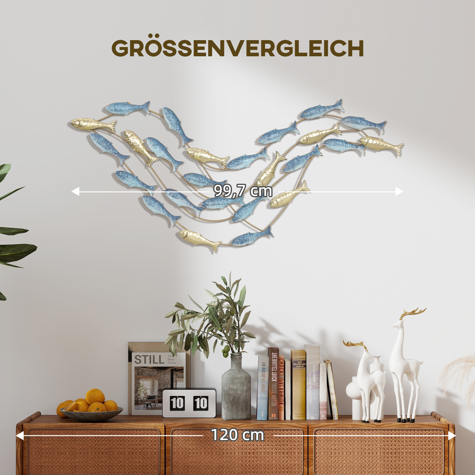 Wandkunst aus Metall, Fischdesign, rostbeständig, moderner Stil, elegant, Hellblau