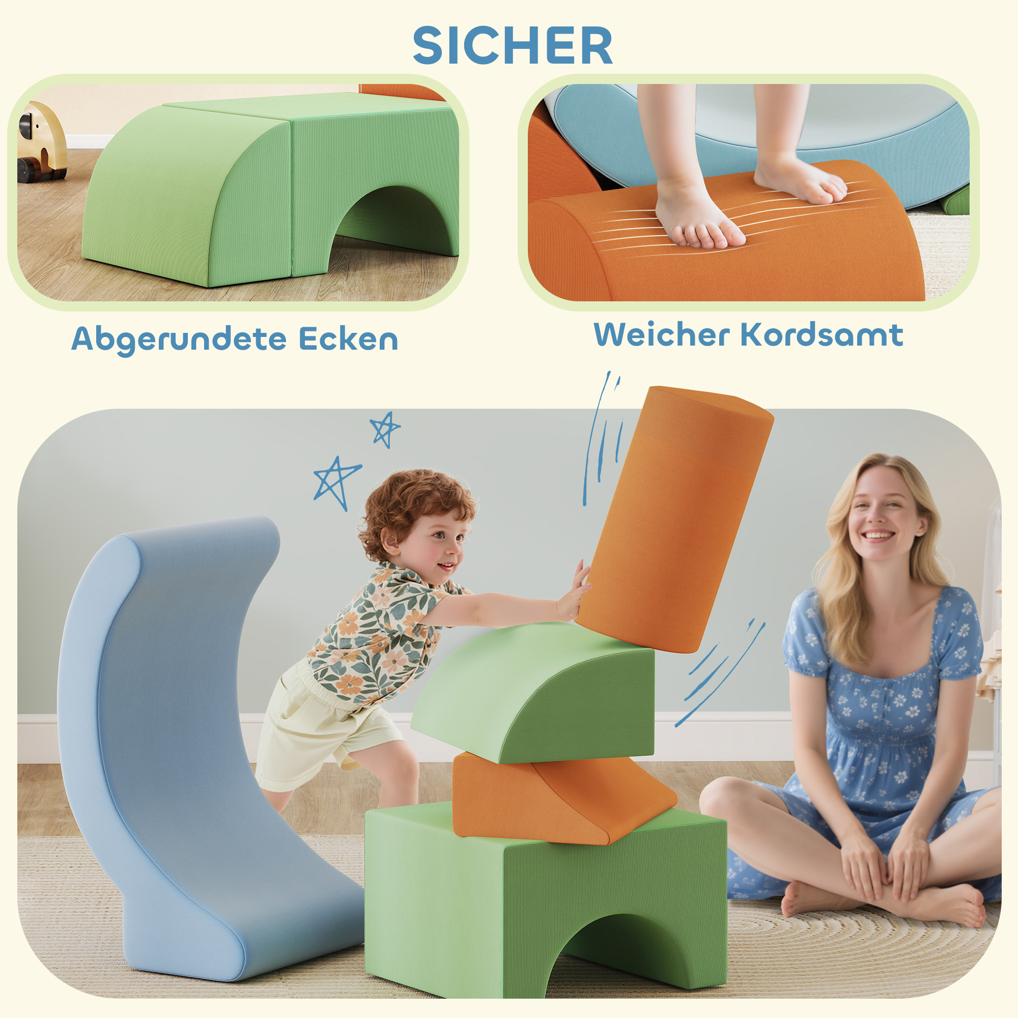 5-teiliges Softbaustein-Set für Kleinkinder, zum Klettern, Krabbeln, Bauen, leichtes Gewicht, Cord, Schaumstoff, Bunt