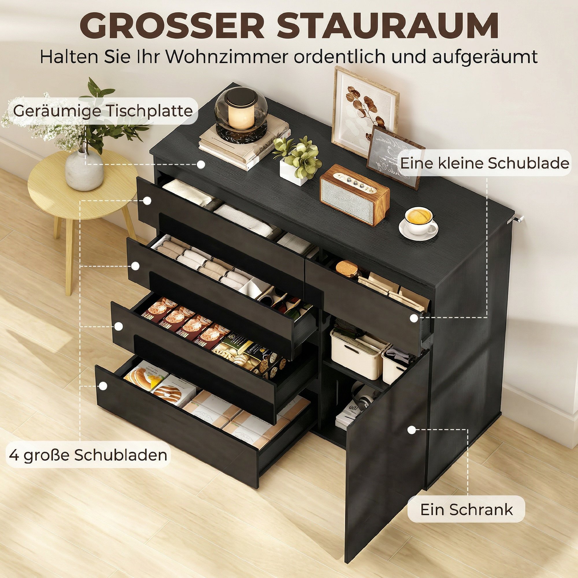 Modernes Sideboard, Stauraum-Sideboard mit 5 Schubladen, verstellbarem Regal, Soft-Close-Tür, Schwarz Hochglanz
