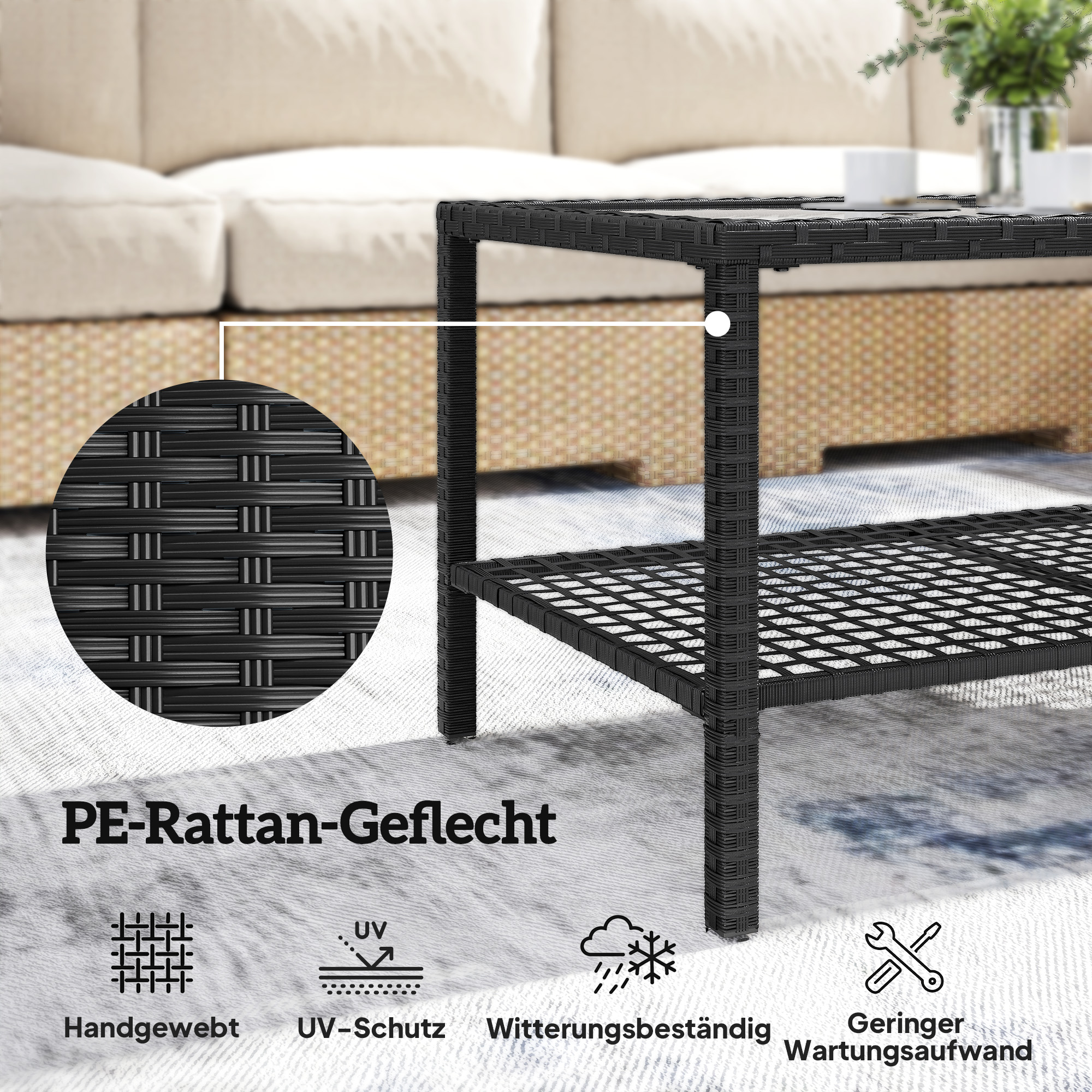 Rattan-Couchtisch, zweistufiger Outdoor-Tisch mit Ablagefach, gehärteter Glasplatte und Stahlrahmen, Schwarz