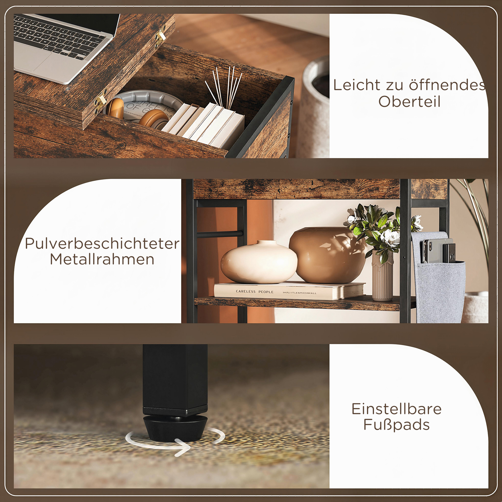 Beistelltisch Nachttisch mit Steckdosenleiste, 2 Ebenen, USB-Anschlüssen Stauraum 60 x 29,8 x 58,5 cm Rustikal Braun