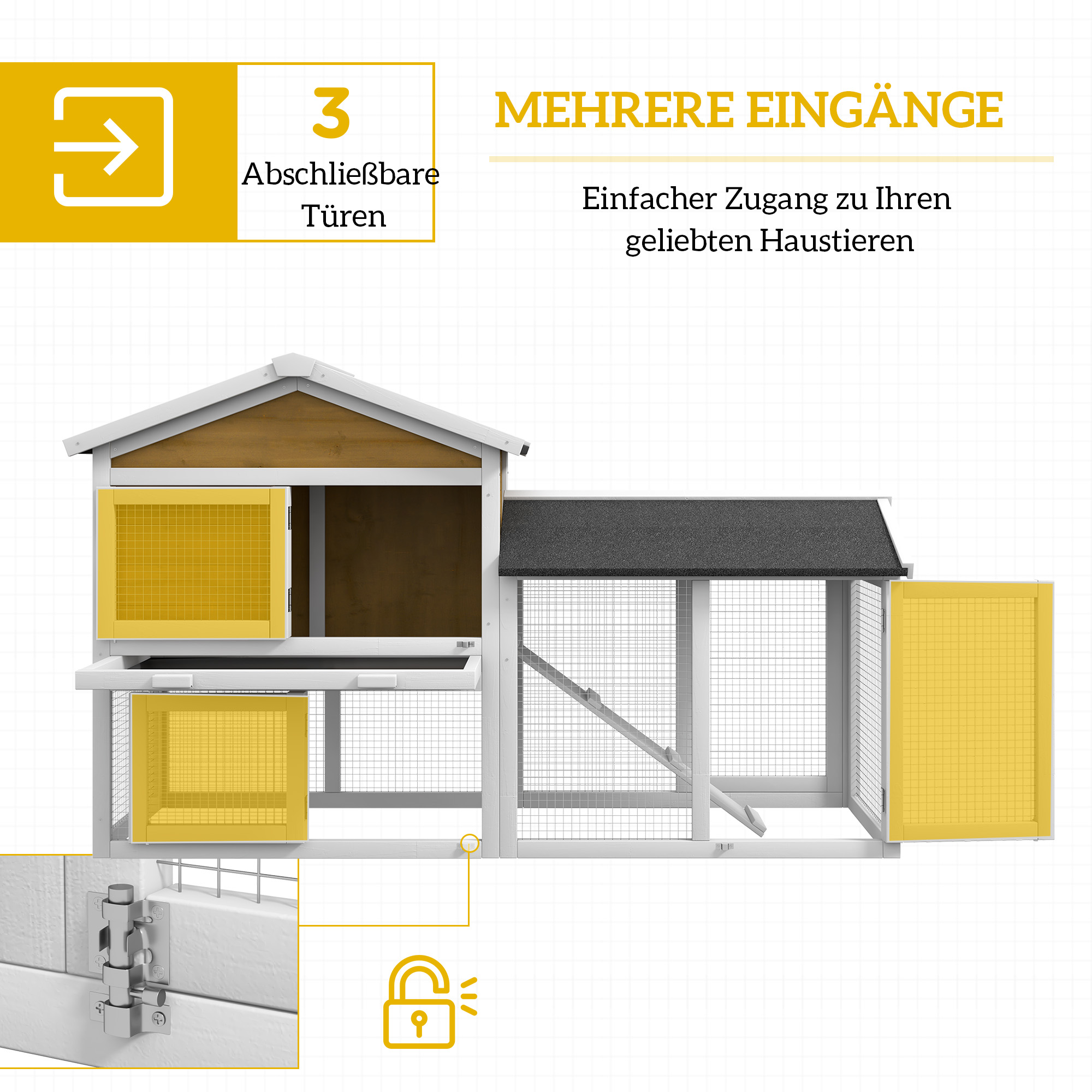 Hasenstall 2 Etagen Kaninchenstall Holz Kaninchenkäfig mit Bitumendach Freilaufgehege Rampe Türen 147x54x84 cm Gelb