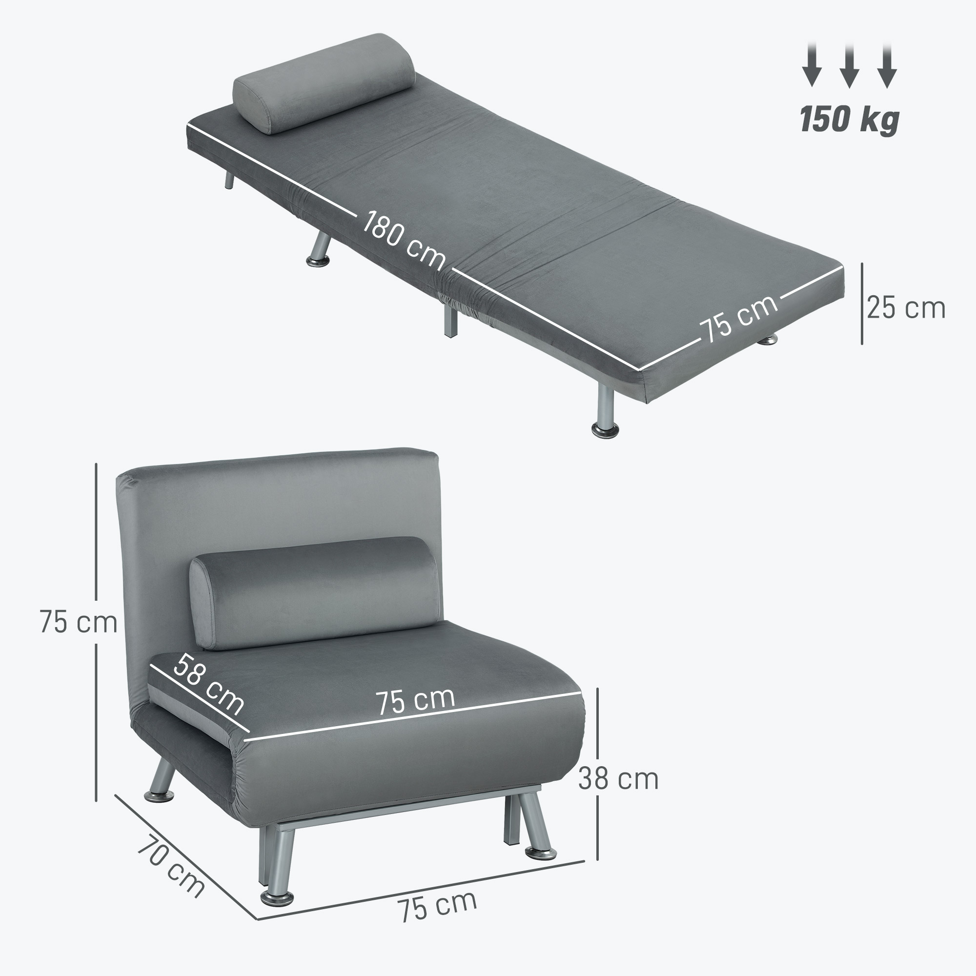 Klappsessel mit Bettfunktion, klappbarer Relaxsessel in Samtoptik, Verstellbare Rückenlehne, 75 x 70 x 75 cm, Grau