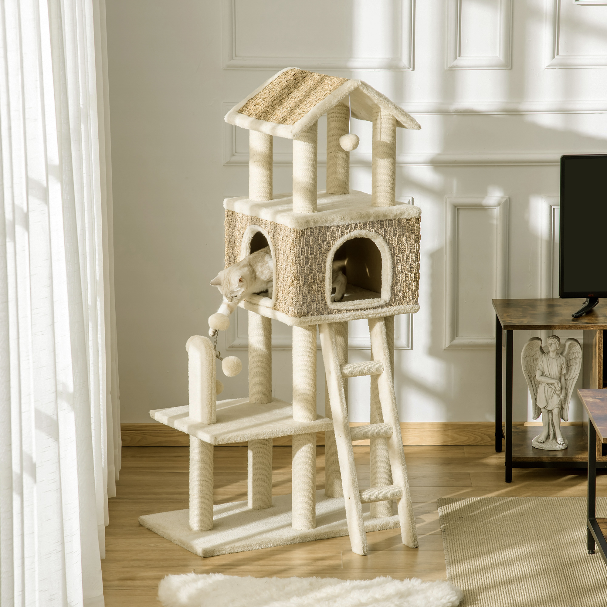 mit Katzenhöhle inkl. Spielzeug  Sisal Plüsch Khaki + Beige + Kaffee