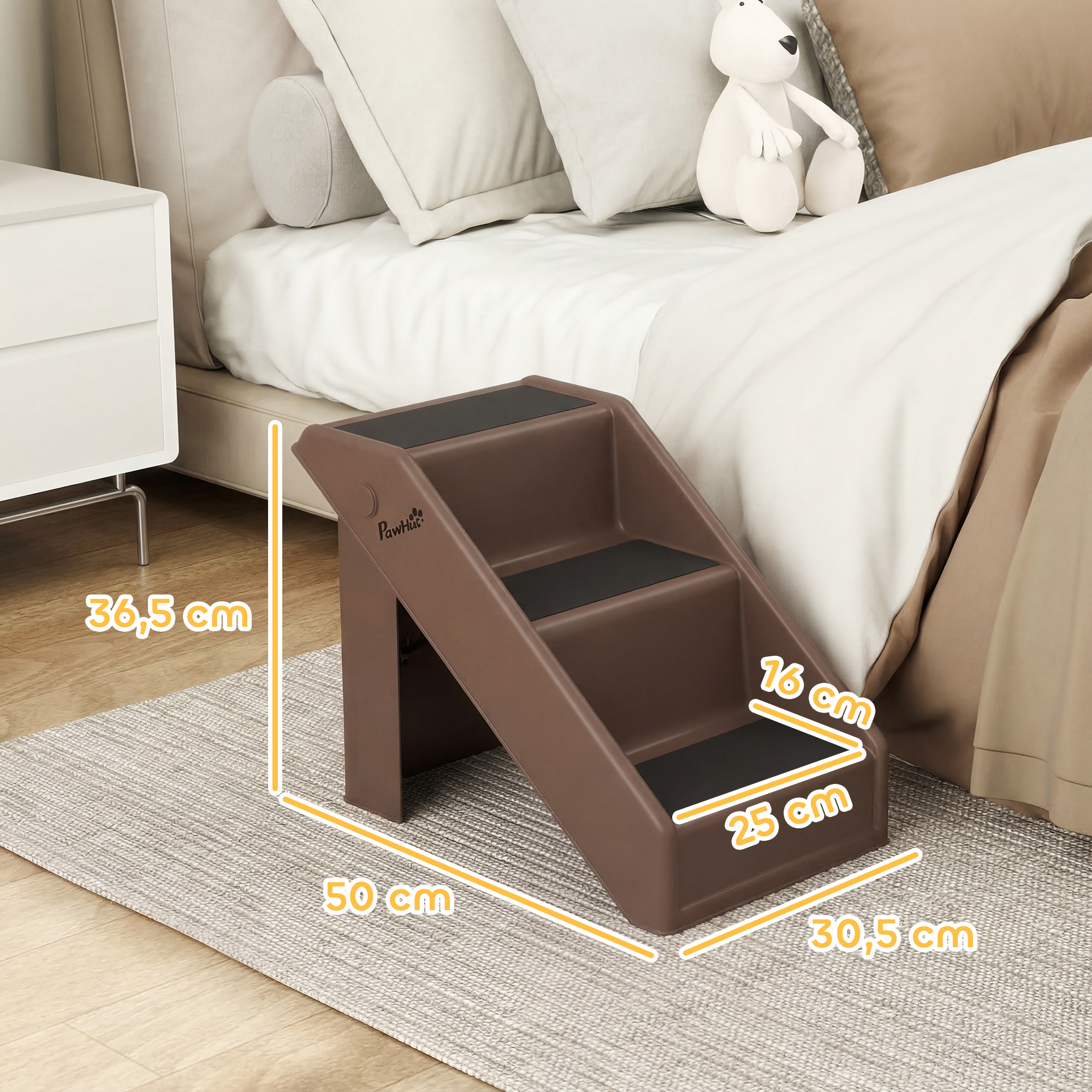 Hundetreppe 3 Stufen 36,5 cm Hoch Haustiertreppe für Kleine Hunde klappbar für Bett, Sofa, Couch Auto Braun