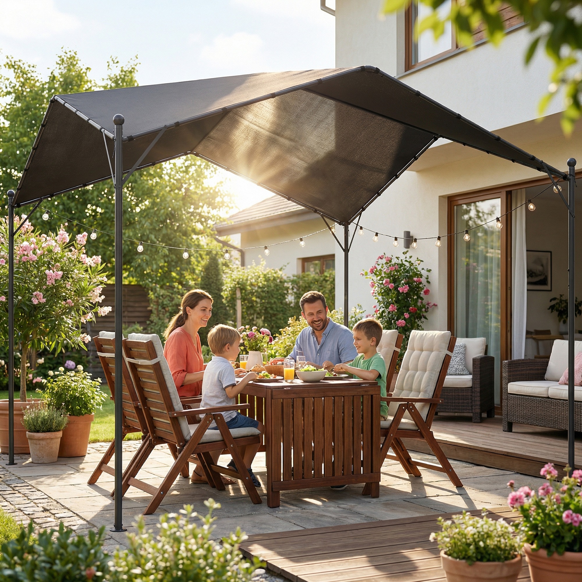 Pergola Pavillon 3x3m Wasserabweisend Stabil winterfest Sonnenschutz mit Satteldach Dreiecksverstrebungen