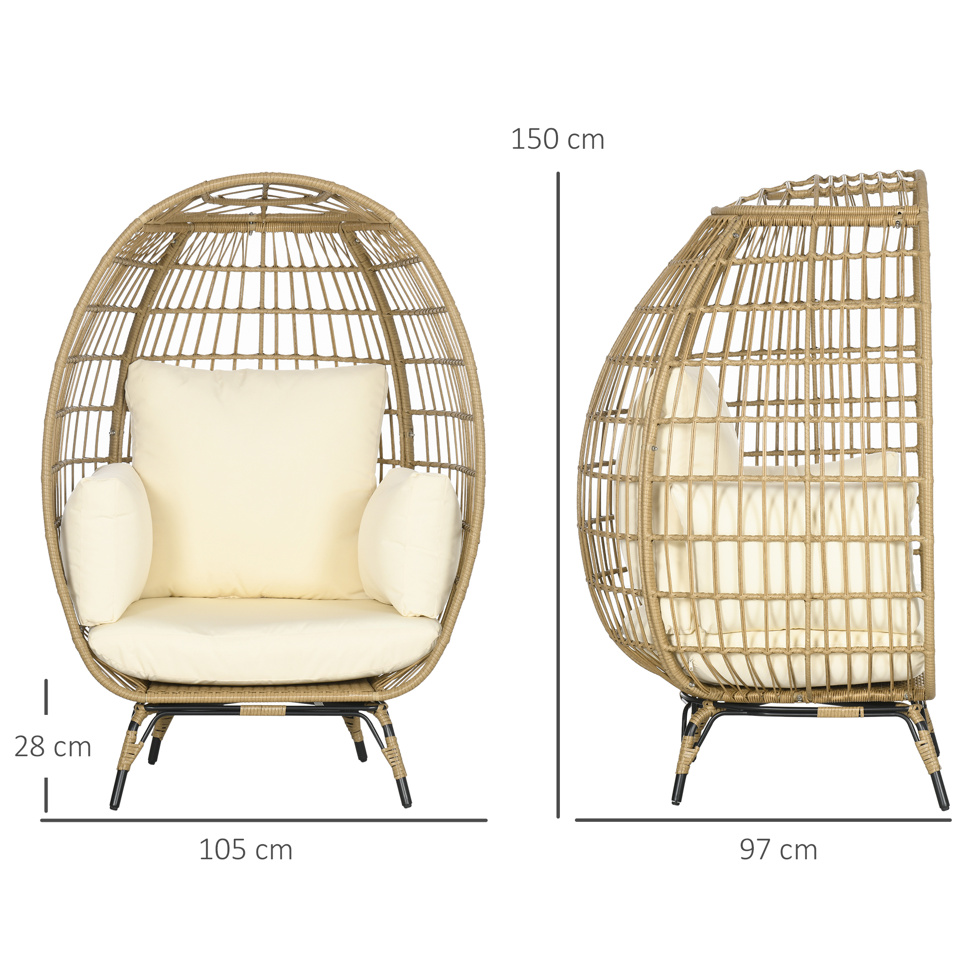 Korbstuhl in Rattanoptik, weiche Sitzkissen, Aluminiumrahmen, khaki+beige, 105 x 90 x 148 cm