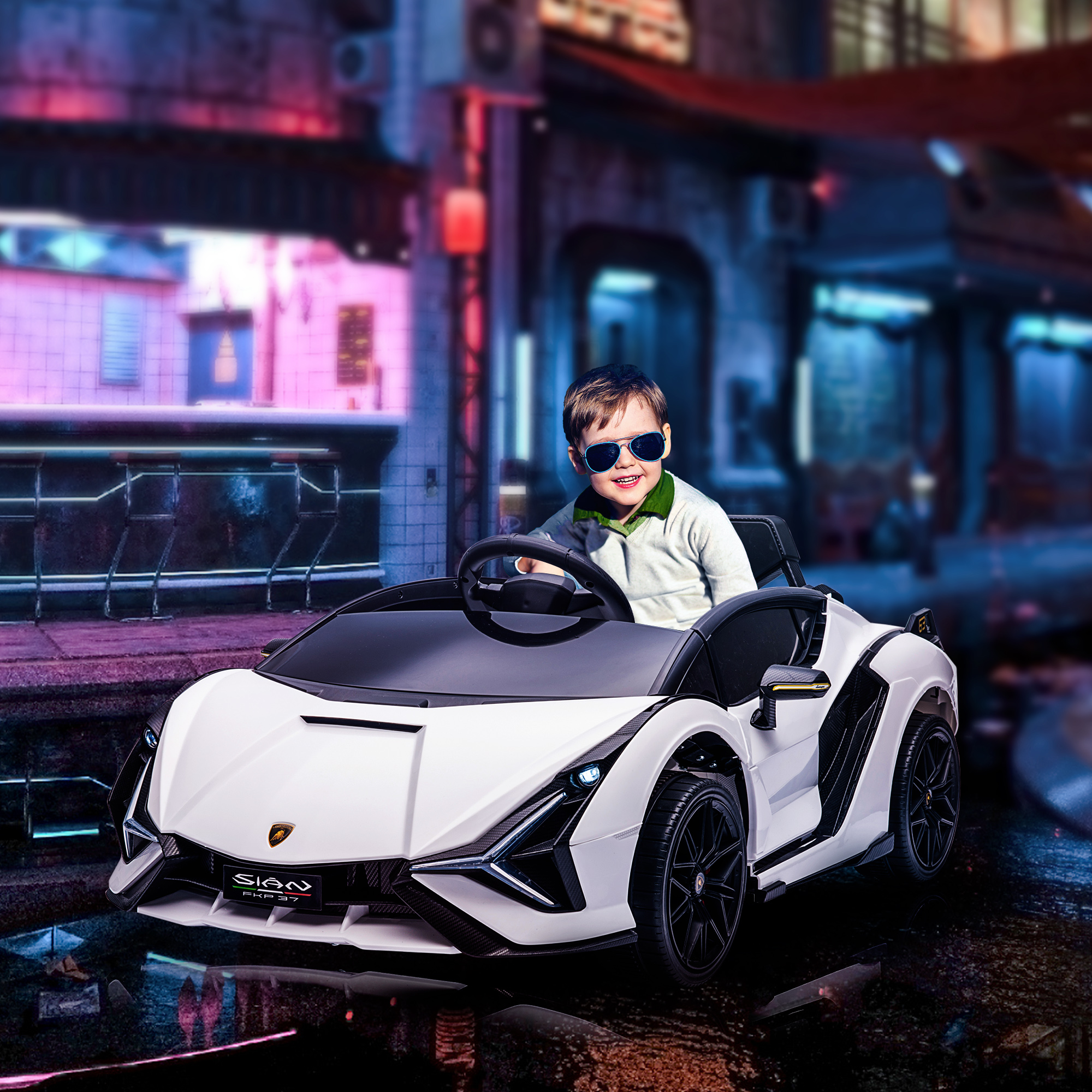 Kinderfahrzeug 12V 2 Fahrmodi Lamborghini SIAN SUV-Auto-Spielzeug Elektroauto mit Fernbedienung Musik(MP3/USB) Licht 37-60 Monate Metall Weiß 108 x 62 x 40 cm