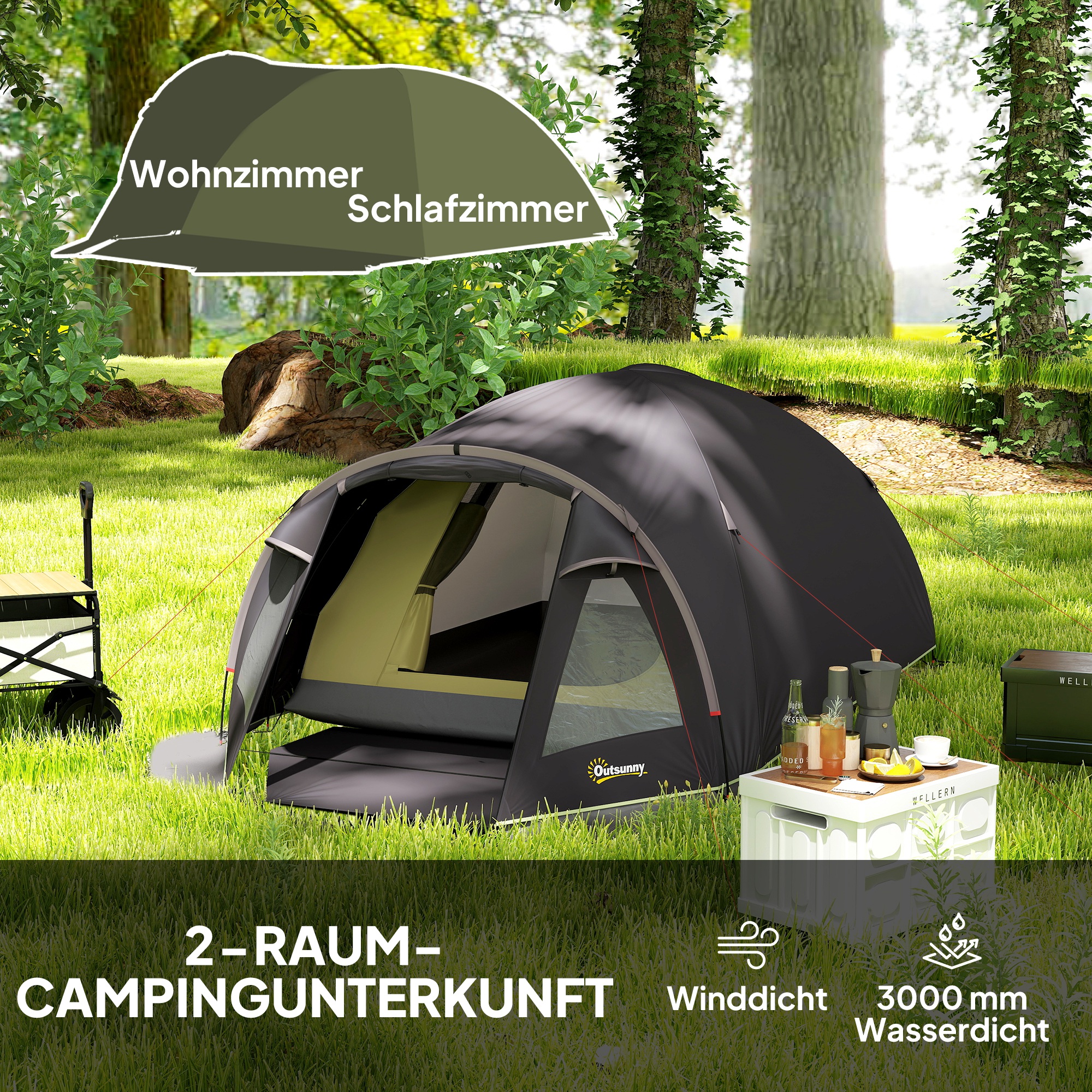 Campingzelt für 2 Personen leicht, stabil UV 50+ Tunnelzelt mit Vordach Seitentür&Fenster Schwarz
