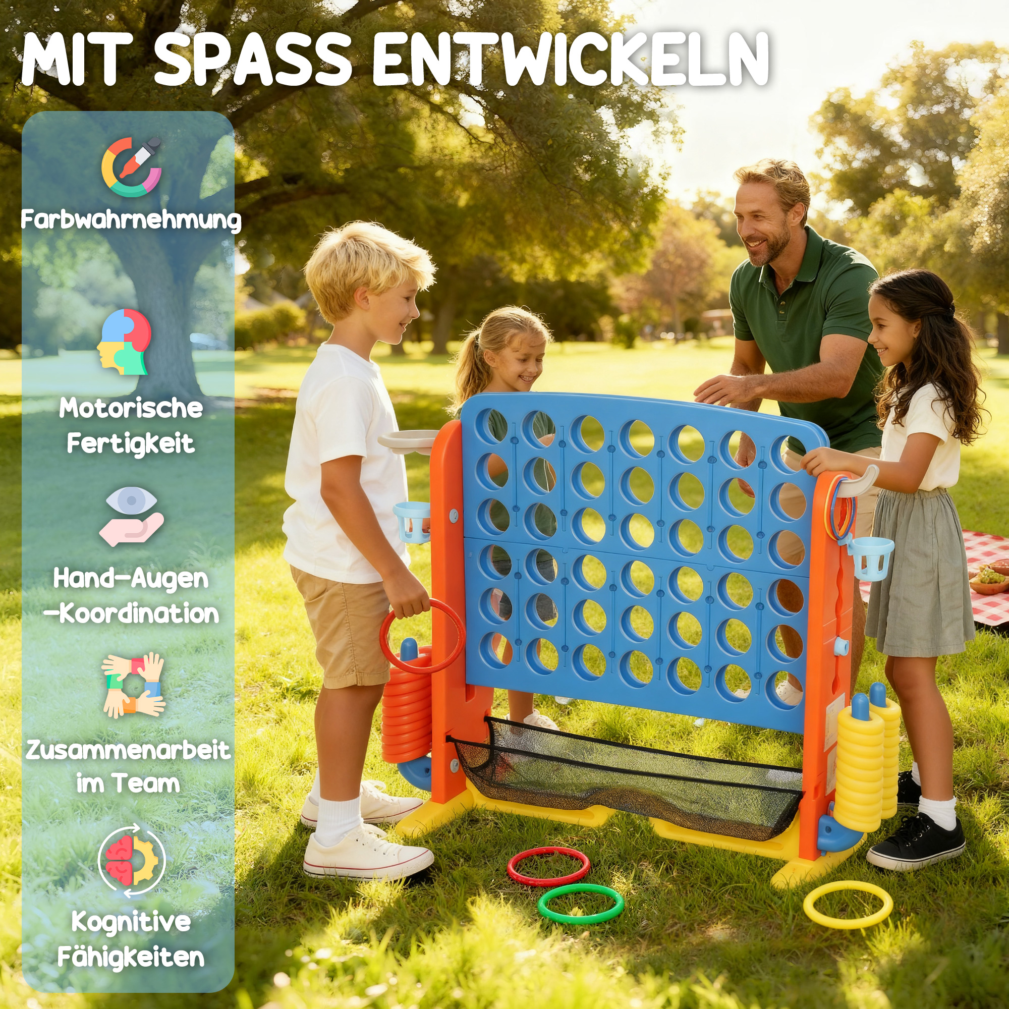 4-in-1 Spiele-Set, Vier Gewinnt, höhenverstellbar, Netz-Tasche, Kunststoff, Bunt