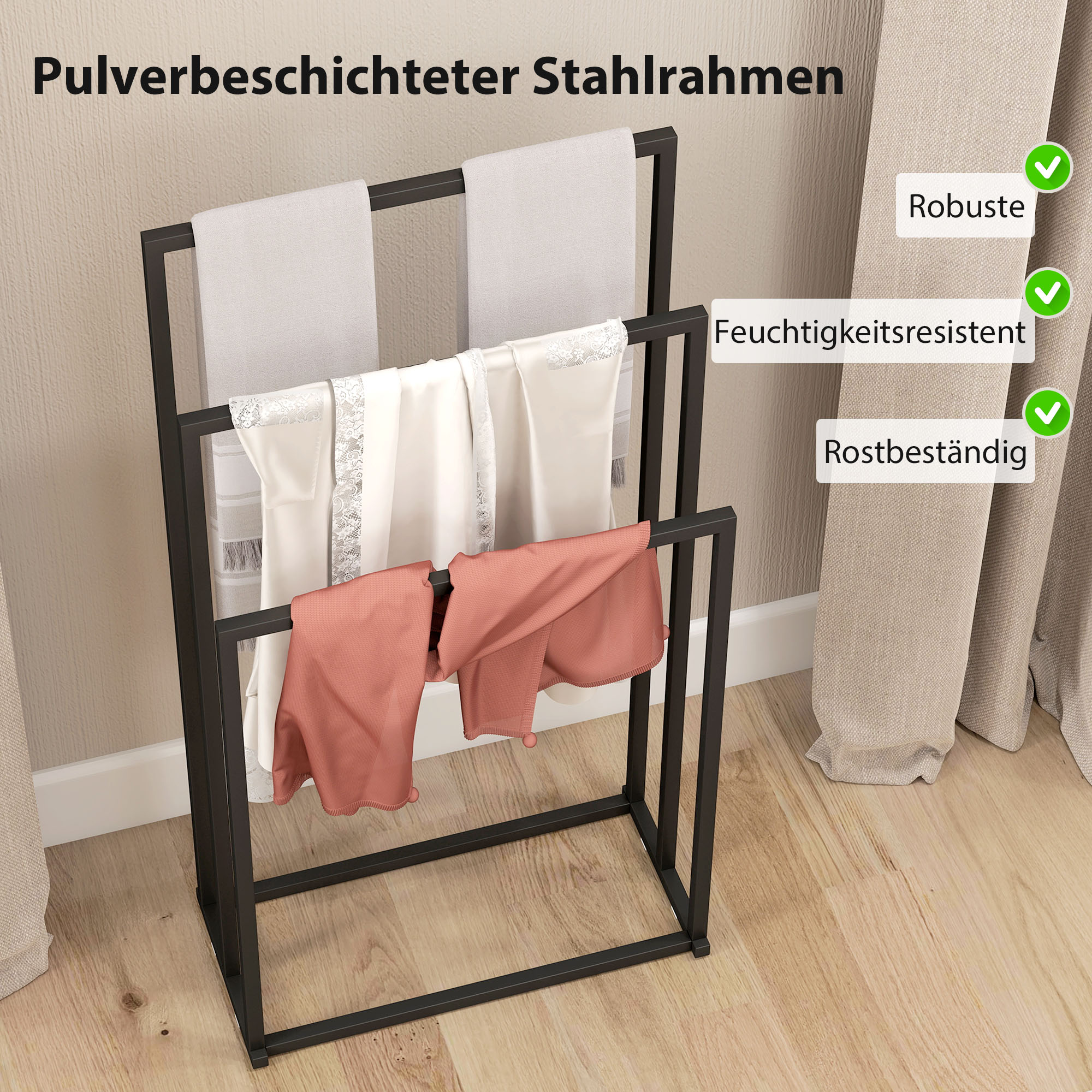 Handtuchhalter Stehend Handtuchständer mit 3 Stangen, Handtuchleiter aus Stahl 45 x 21,5 x 85 cm