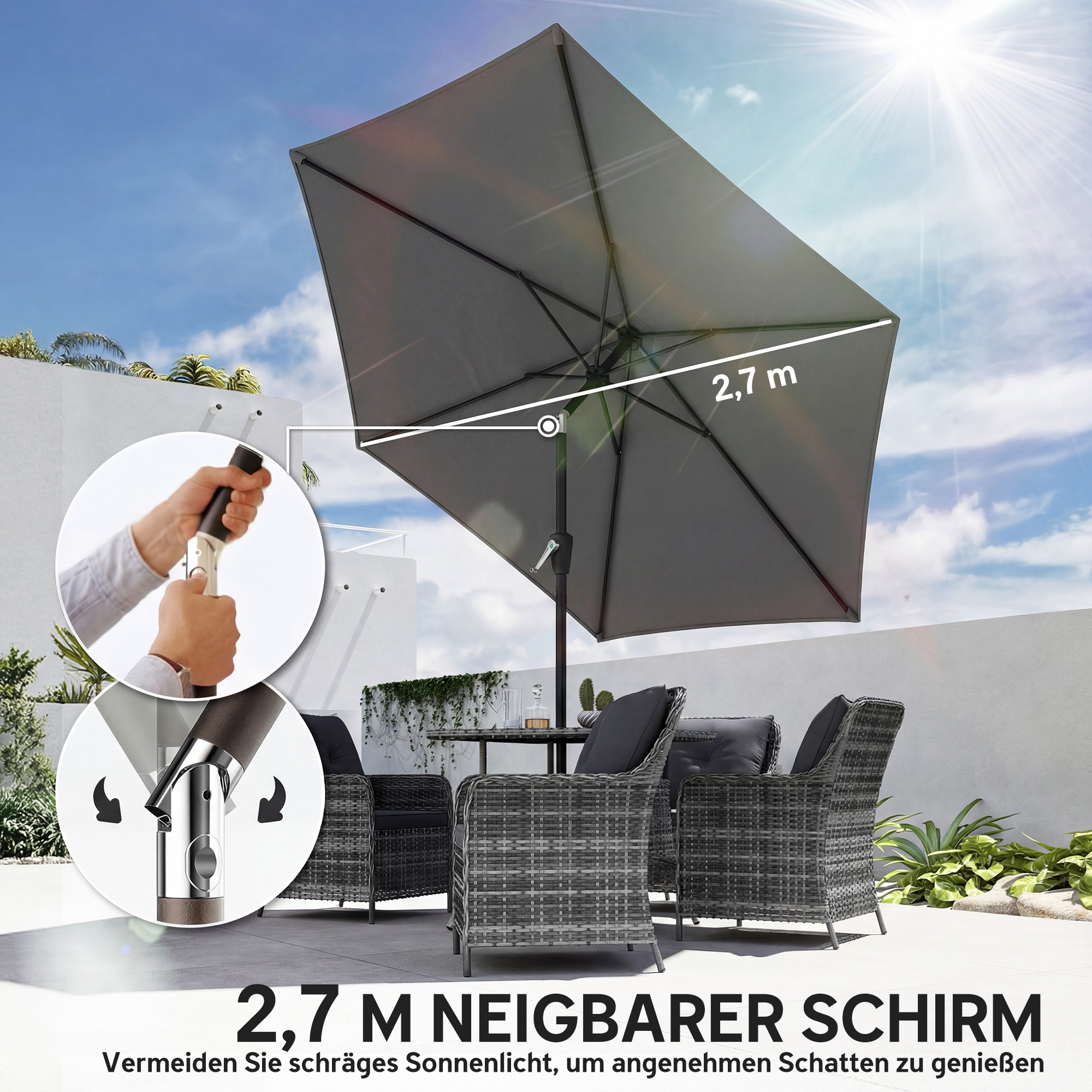 Sonnenschirm 270 cm knickbar Balkonschirm mit Kurbel UV 50+ Gartenschirm Dunkelgrau