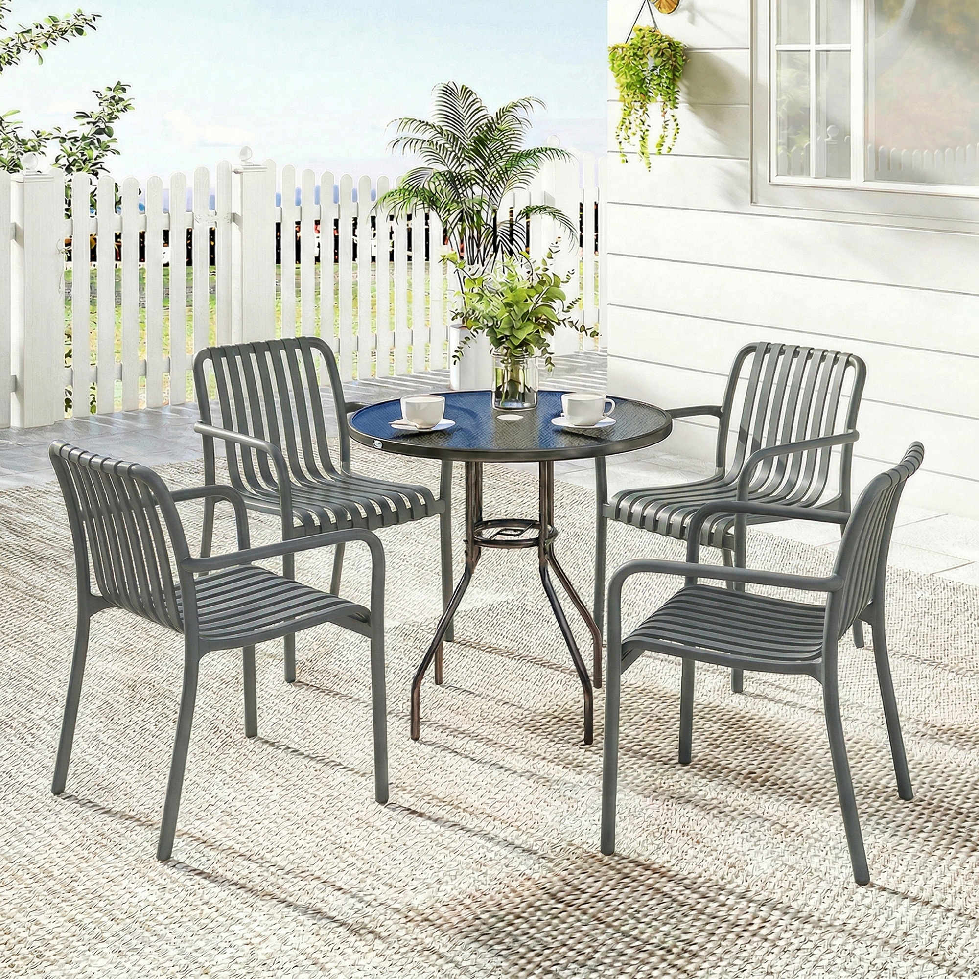 Gartenstühle 4er Set Stapelbare Terrassenstühle mit Lamelldesign Armlehnen, Ergonomisch Dunkelgrau