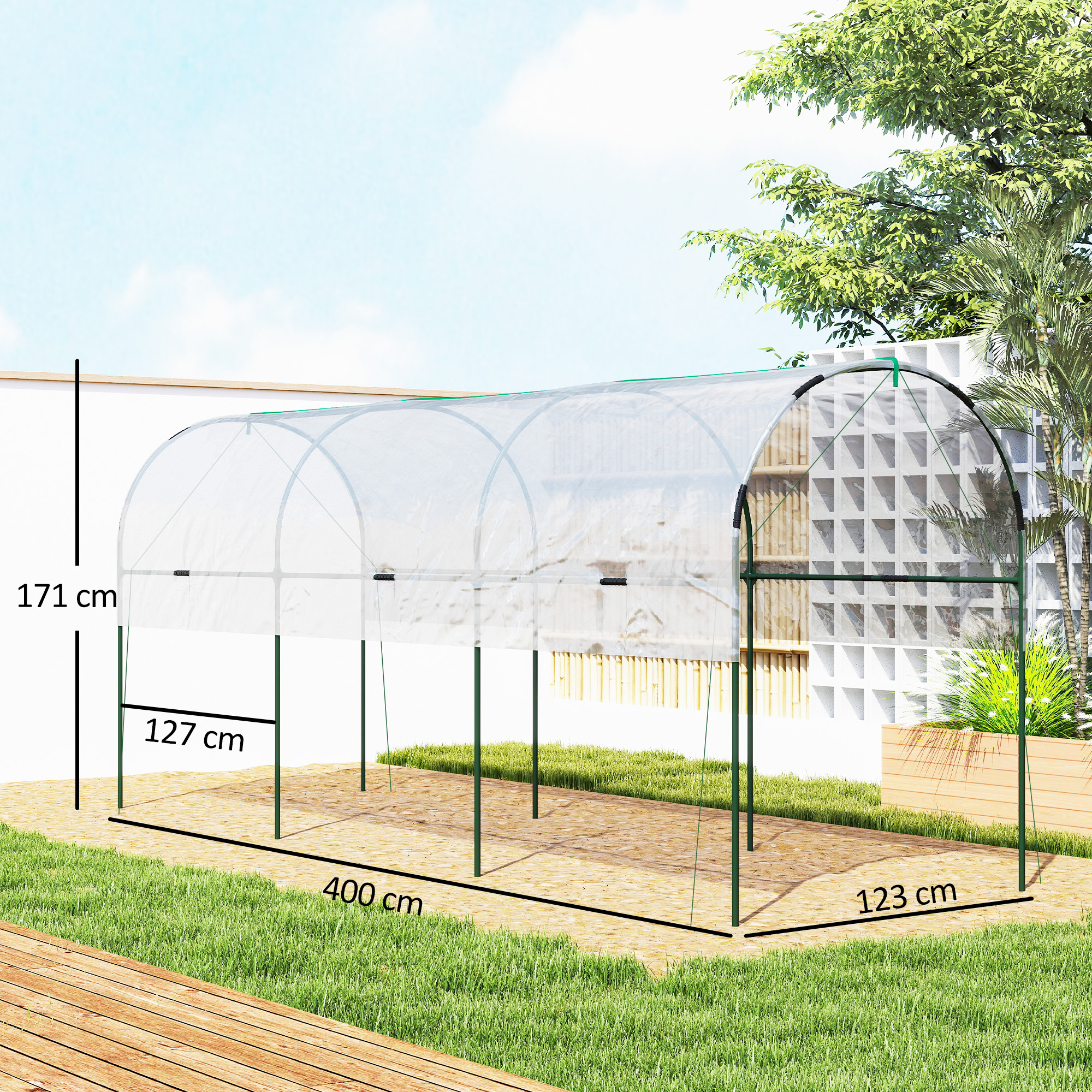 Gewächshaus winterfest Foliengewächshaus mit Bogendach, Erdanker Treibhaus 400 x 120 x 170cm Transparent