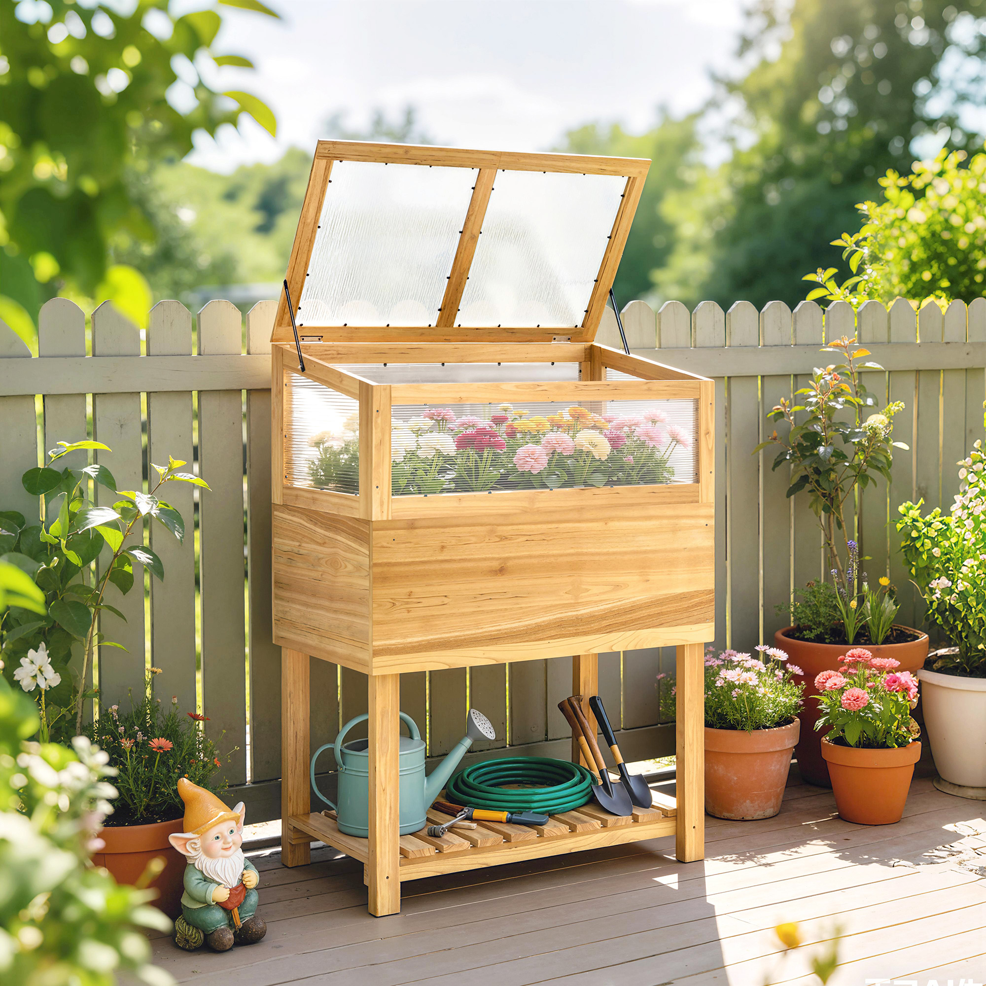 Hochbeet mit Frühbeetaufsatz aus Holz erhöhter Pflanzkasten mit aufklappbar Abdeckung Regal Vliesstoff Ergonomisch