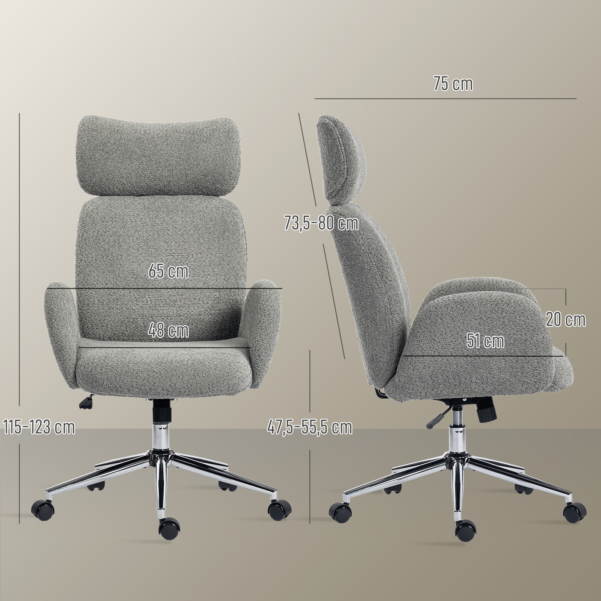 Bürostuhl mit verstellbarer Kopfstütze, ergonomischer Schreibtischstuhl, Kippfunktion, höhenverstellbar, Dunkelgrau