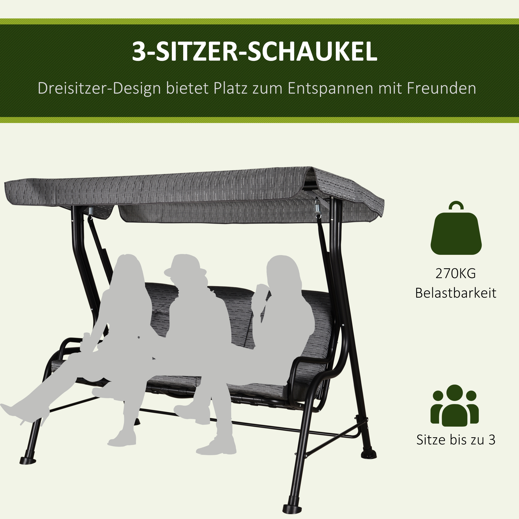 Hollywoodschaukel, 3-Sitzer Gartenschaukel, Verstellbares Sonnendach, Texteline Grau 200 x 120 x 170 cm