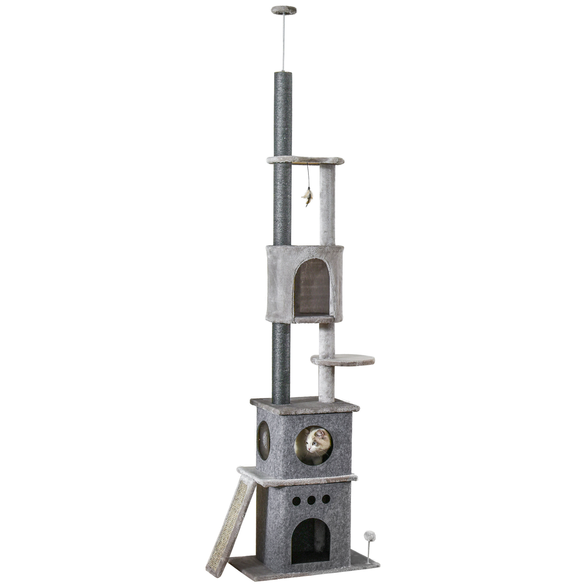 Kratzbaum Deckenhoch Höhenverstellbar 225-255 cm Katzenturm mit 6 Ebenen 3 Höhlen Katzenspielzeug Kratzbrett Katzenkratzbaum für mittelgroße Katzen, Hellgrau