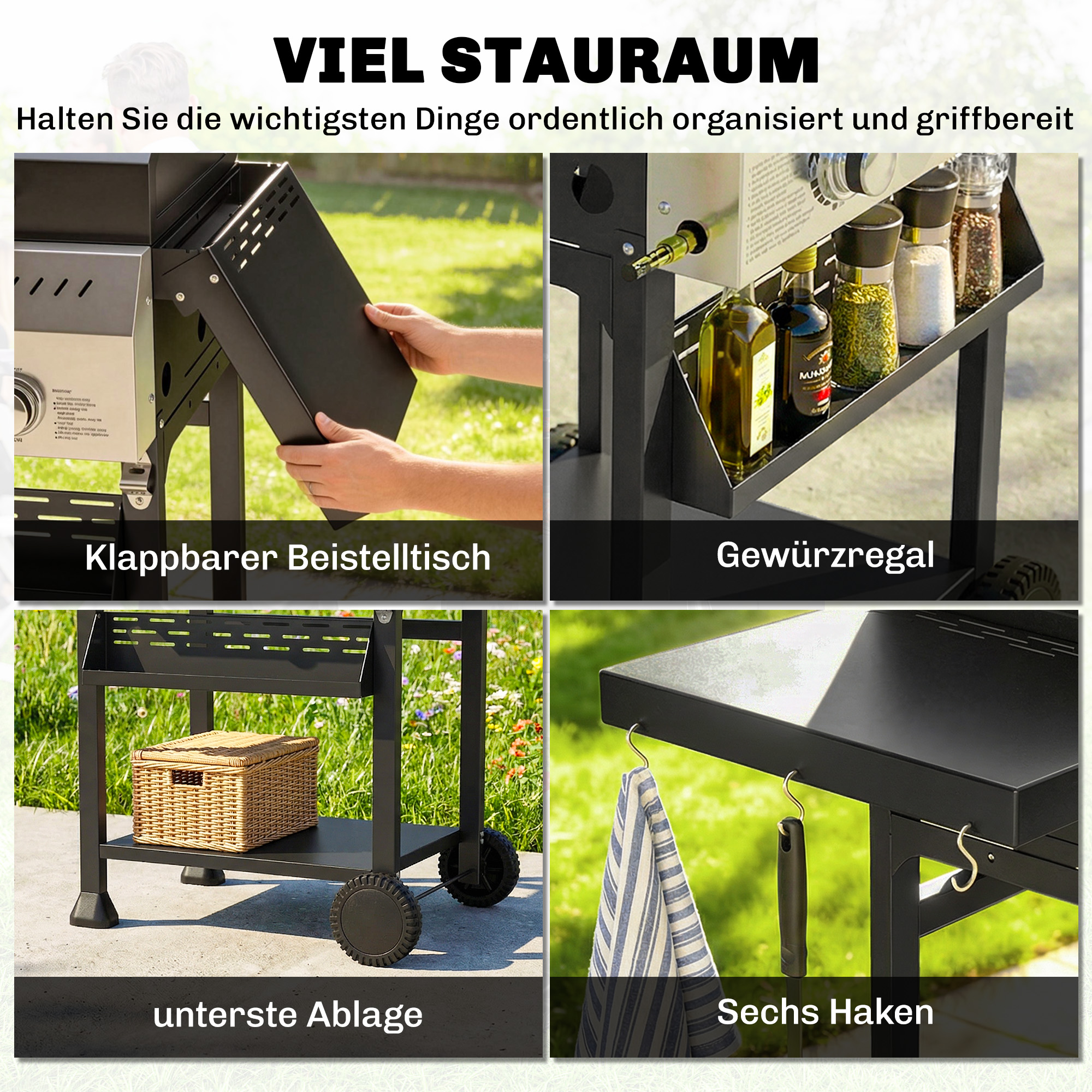 Gasgrill 9kW 3 Brenner BBQ Grillwagen Edelstahl inkl klappbar Seitentisch Gewürzhalter Unterregal 6 Haken