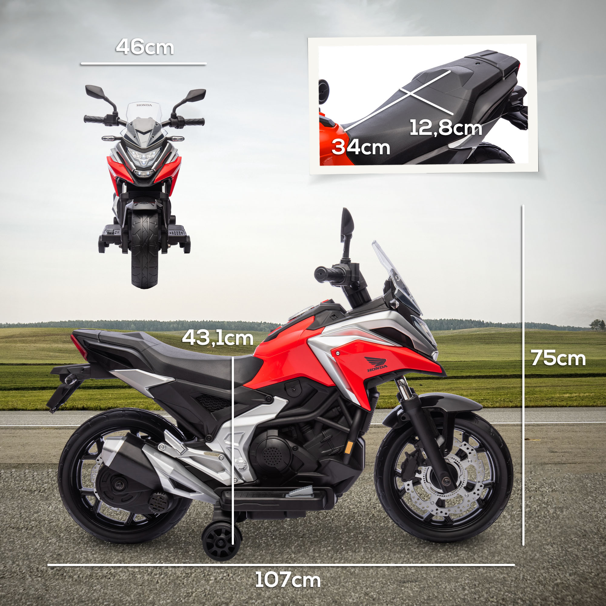 Elektro-Kindermotorrad, Honda, 3 km/h, Musik & Licht, 3-6 Jahre, bis 30 kg, Rot