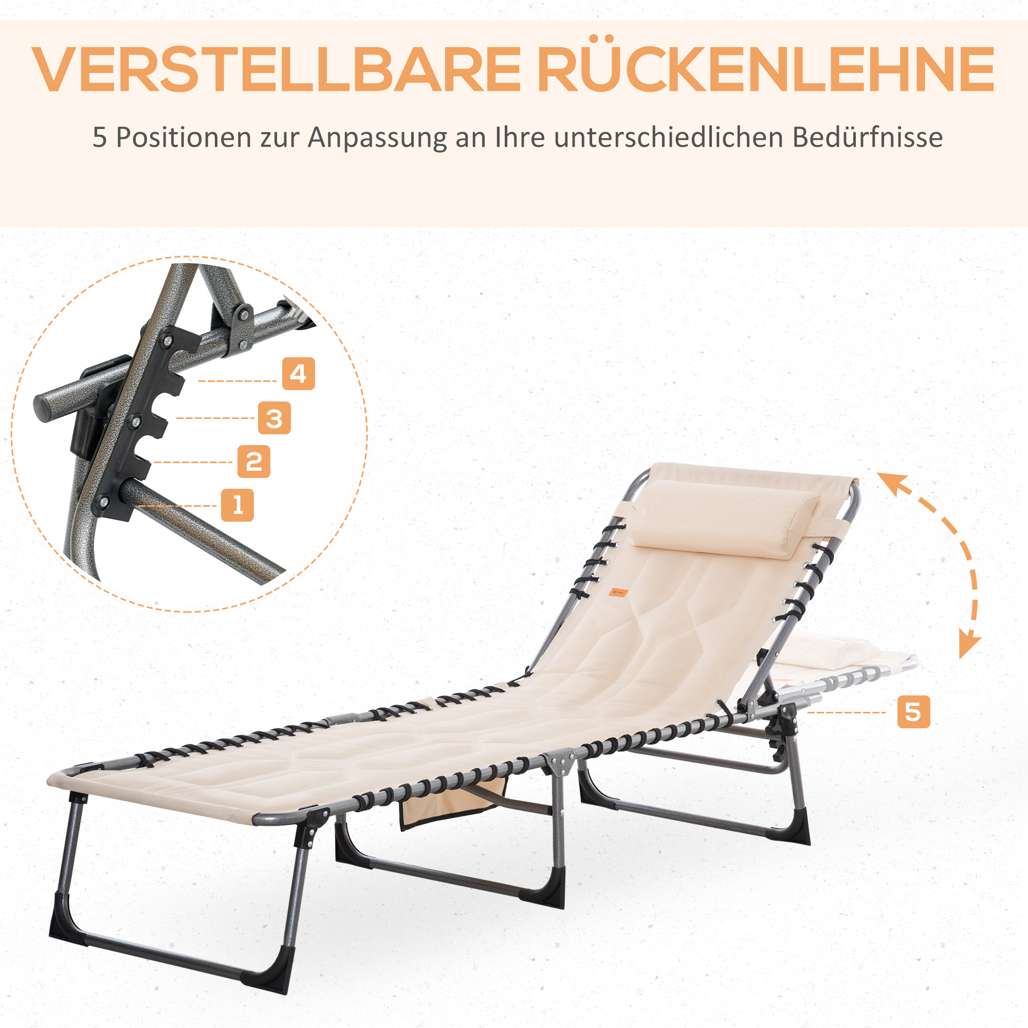 Sonnenliege, Faltbare Gartenliege, Klappliege mit Kissen, 5-stufige Rückenlehne, Oxfordstoff, 188 x 57 x 30 cm, Beige