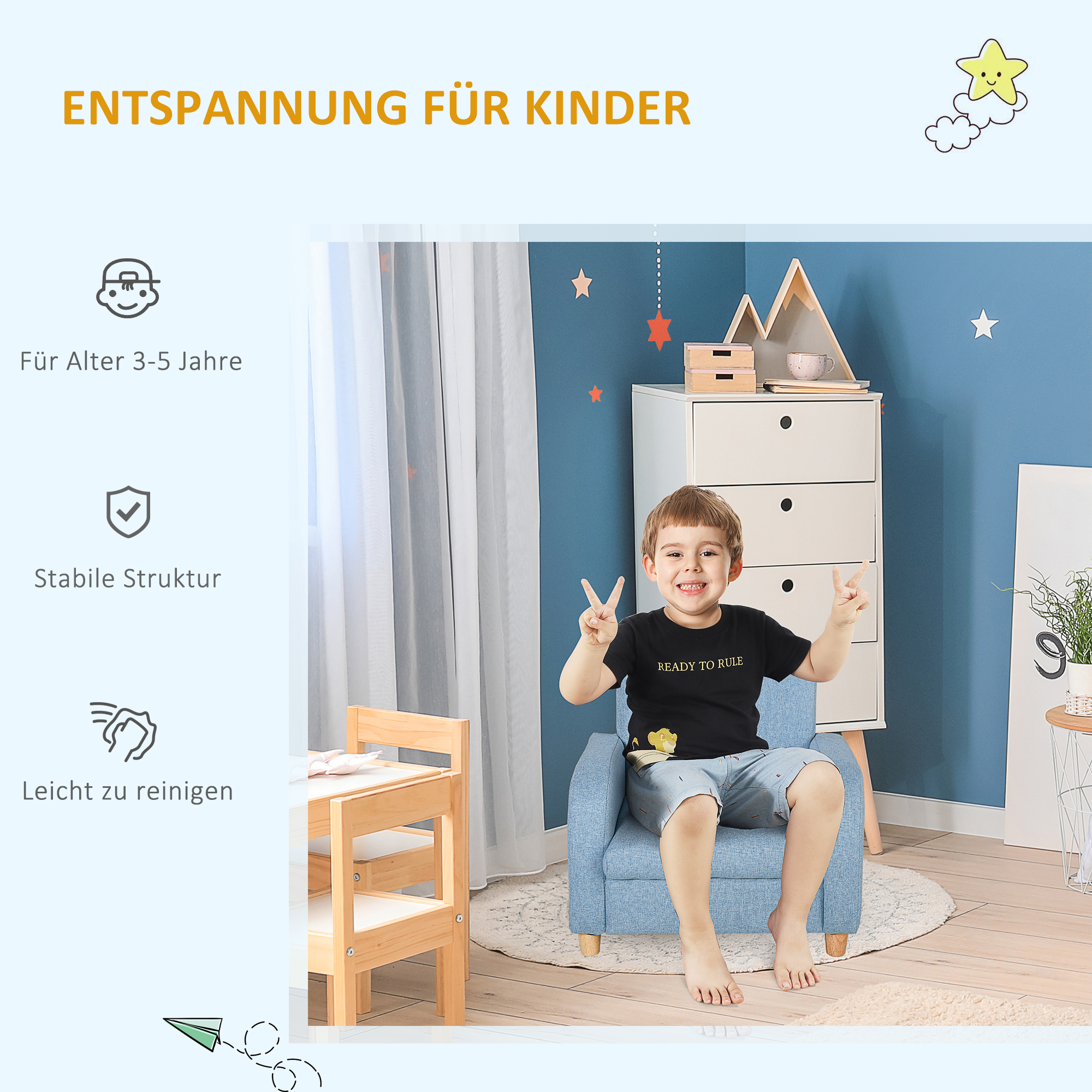 Kindersessel Kindersofa mit dickem Schaumstoff und dicken Sitzkissen Kindercouch Stuhl Liegesofa mit Anti-Rutsch-Füßen für 3-5 Jahre Kinder Holz Leinen Schaumstoff Blau 49x45x44,5 cm