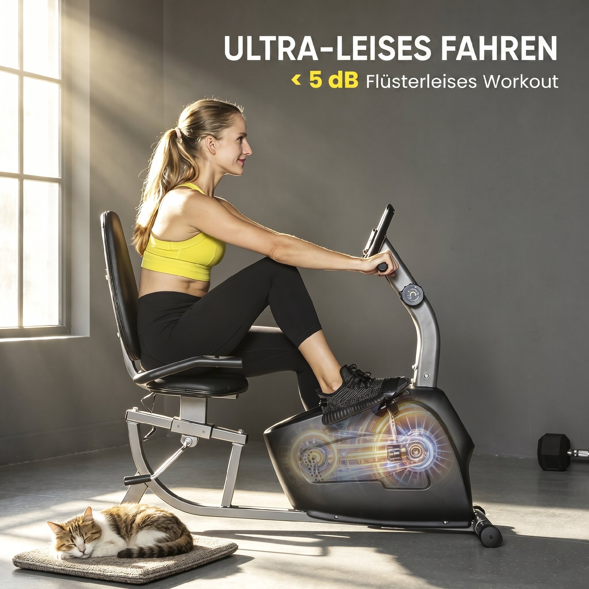 Heimtrainer, Magnet-Liegerad, 8 Widerstandsstufen, verstellbar, LCD-Monitor, Metall, Kunststoff, Schwarz