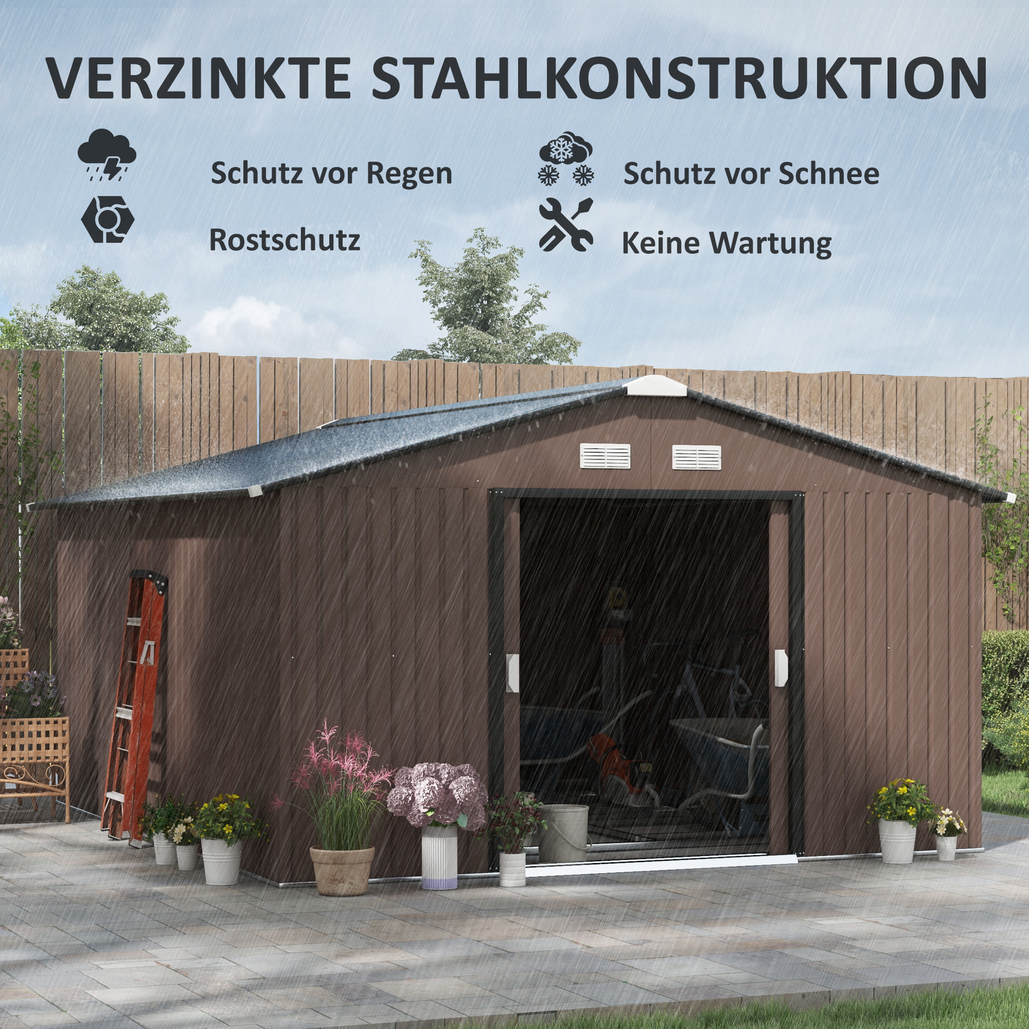 Geräteschuppen, Wetterfestes Gartenhaus für Gartengeräte, mit Belüftungsfenstern, Schiebetüren, Stahl, Braun