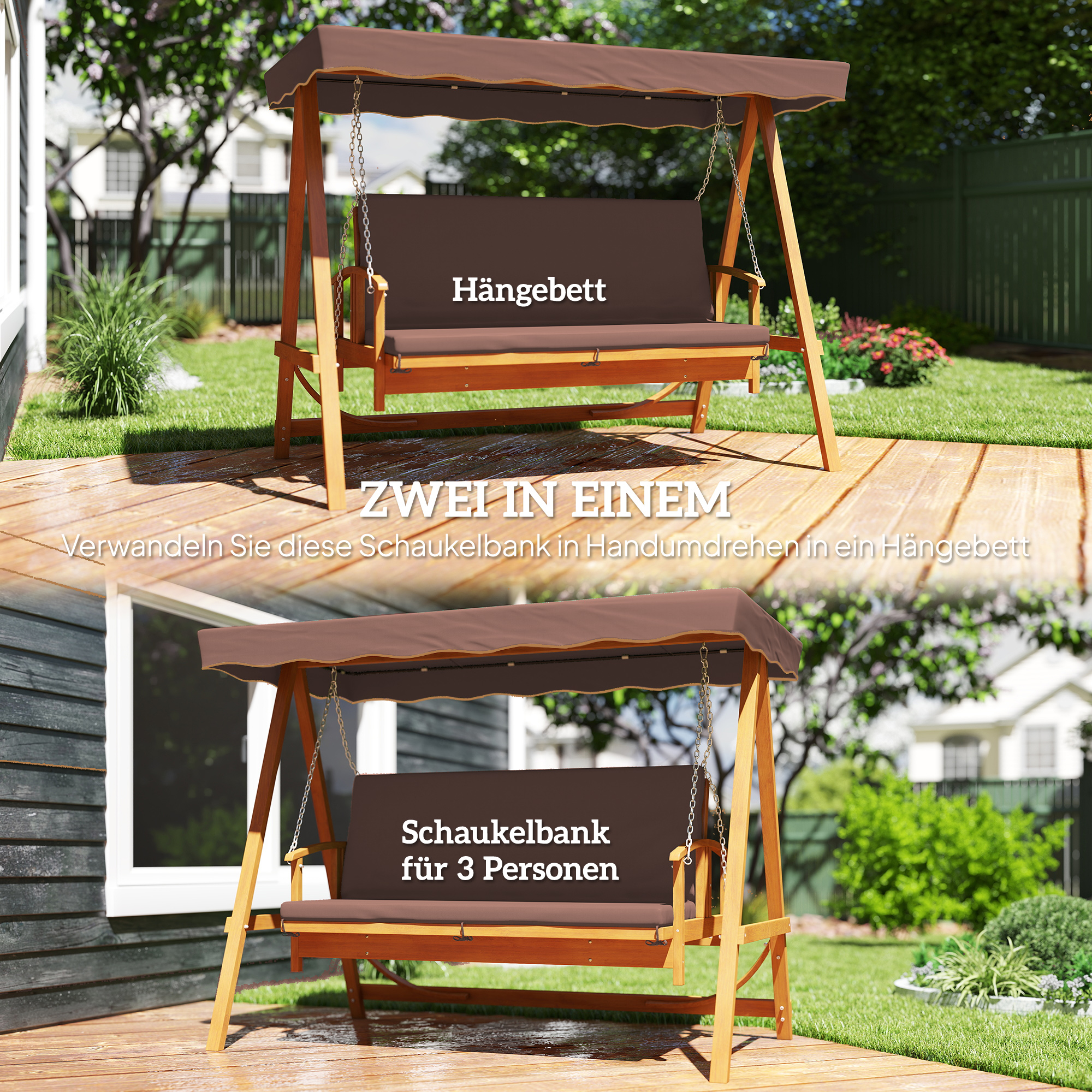 Hollywoodschaukel mit Sonnendach, Echtholz-Gartenschaukel, Schaukelbank mit Liege-Funktion, für 3 Personen, Braun