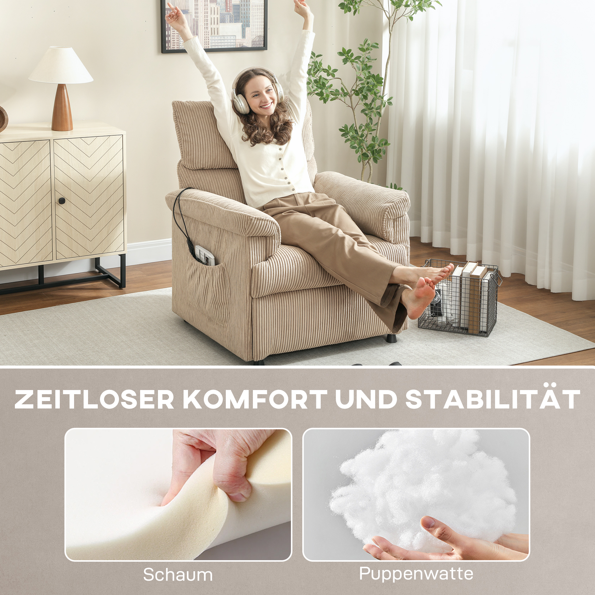 Massagesessel mit Vibrationsmodi, Wärmefunktion, leiser Motor, Memory-Funktion, Stahl, Stoffbezug, Braun
