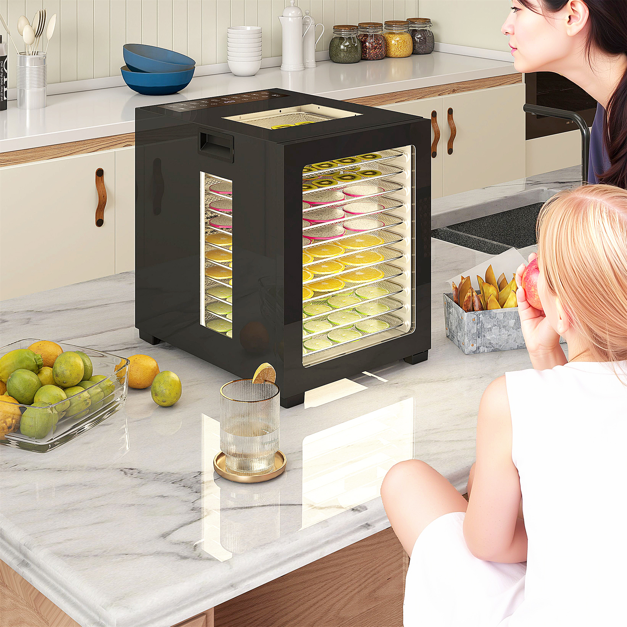 Dörrautomat Dörrgerät, 850 W, 40-70°C Temperaturregler, 48 Std. Timer, 12 Einlegefächer Edelstahl Schwarz