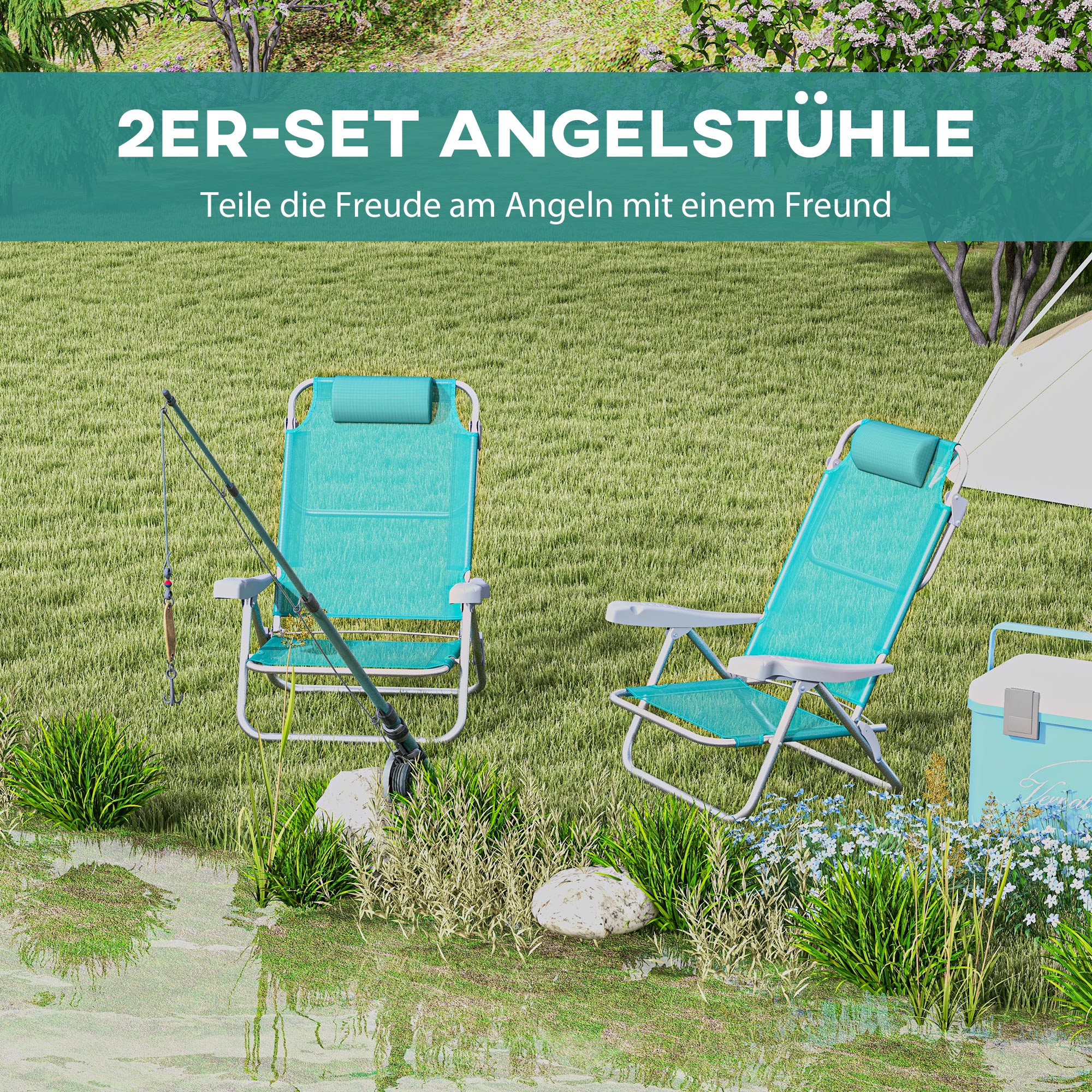 2er Set Campingstühle klappbar Campingstuhl mit 6-fach verstellbarer Netzrückenlehne Kopfstütze 62 x 65 x 80 cm Türkis