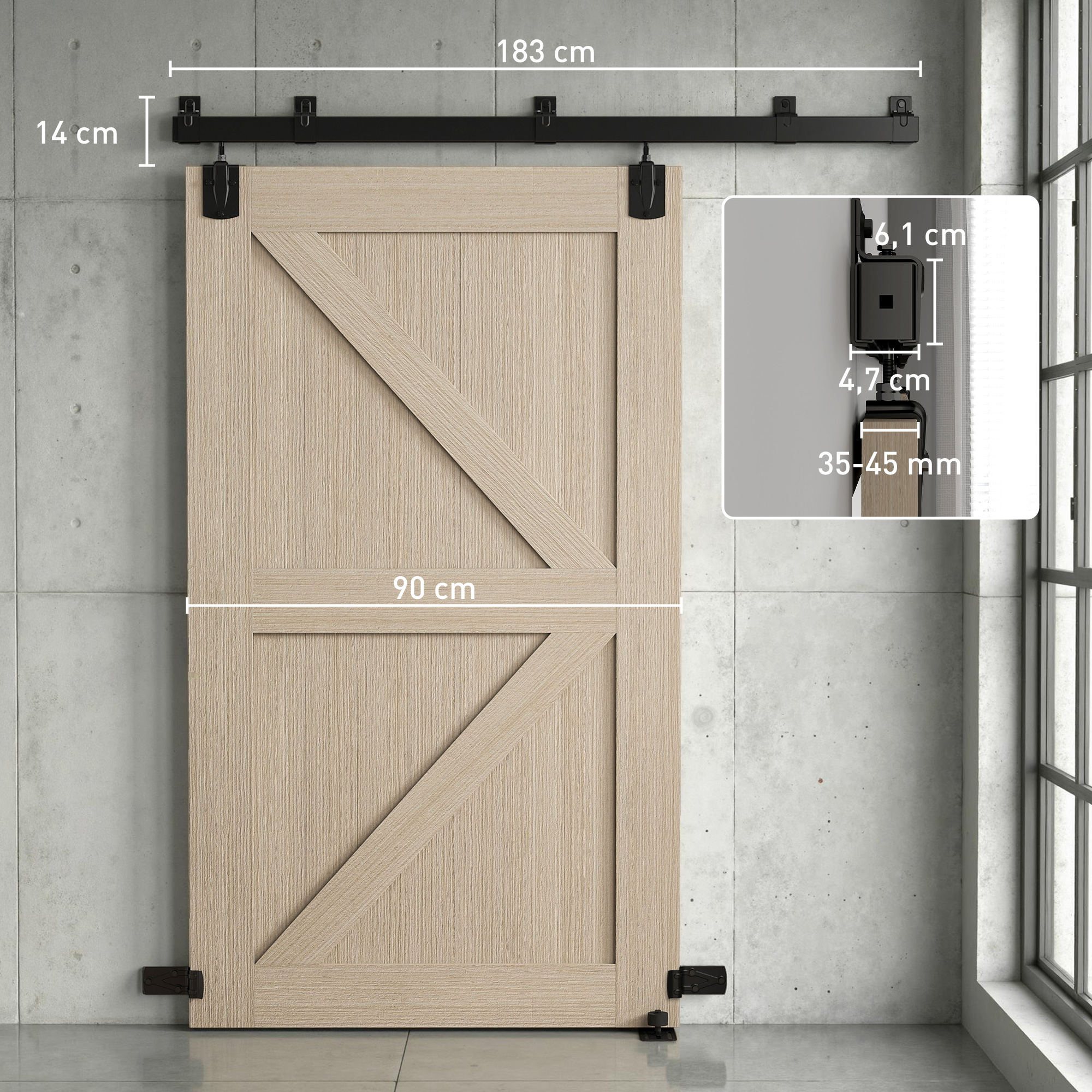 Schwerlast Schiebetür-Hardware-Set 183 cm Schwarz für Einzeltüren