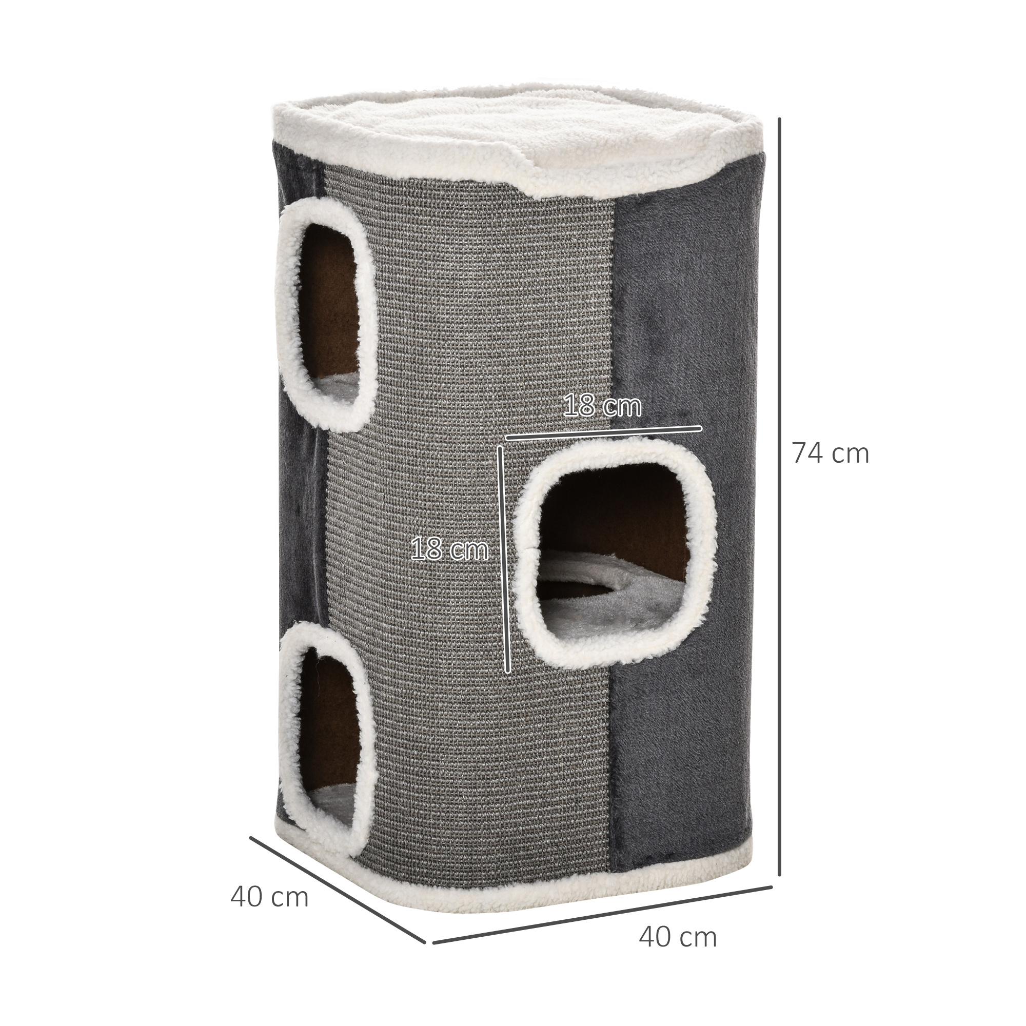 Kratztonne für Katzen Katzenkratzbaum 3 Ebenen Katzenbaum Kletterbaum für Katzen Katzenmöbel Spanplatte samtartiges Polyester Sisal Grau+Weiß 40 x 40 x 74 cm