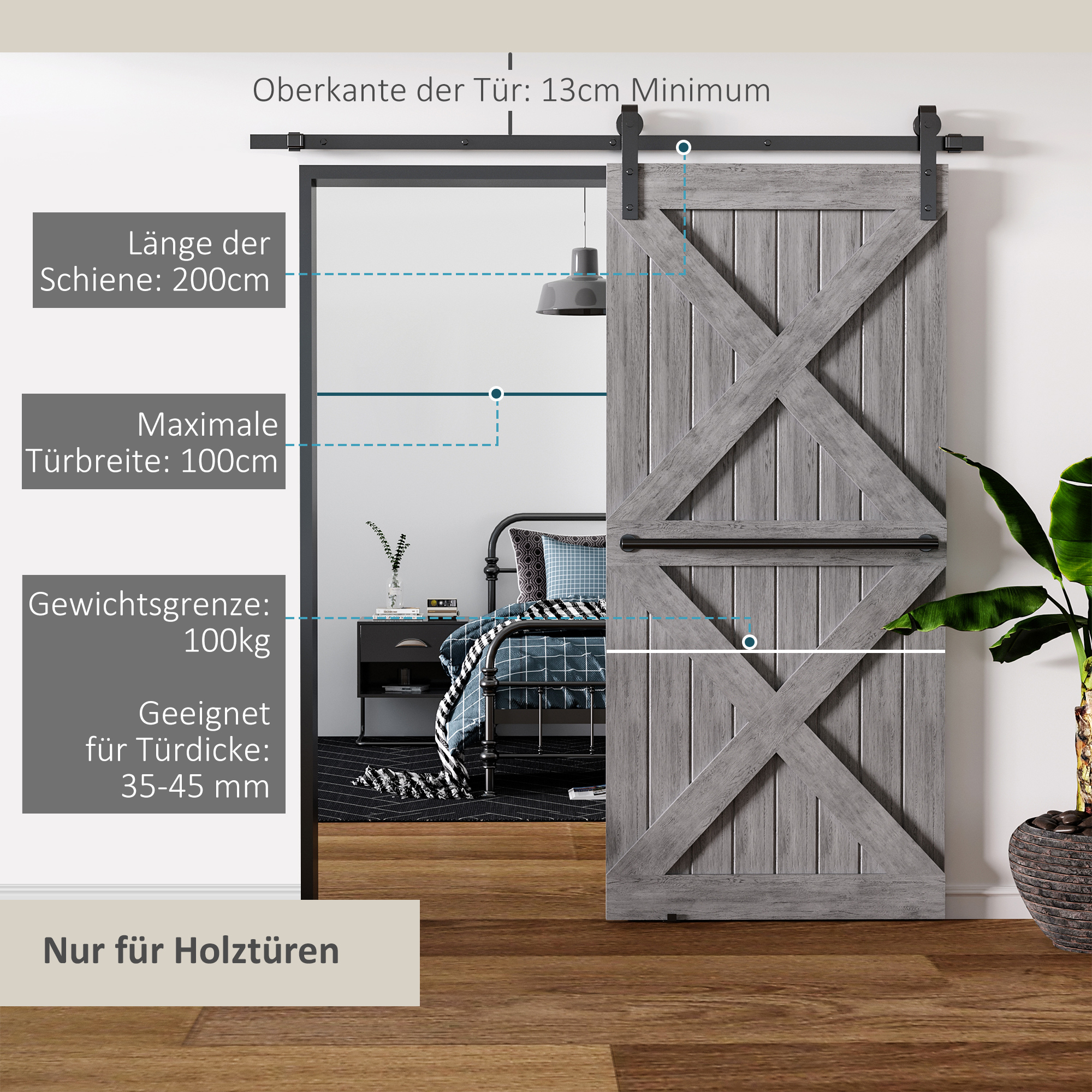 Schiebetüren-Beschlagsatz,  paltzsparend, leise, universell einsetzbar, 200 cm x 40 cm x 0,6 cm, Schwarz