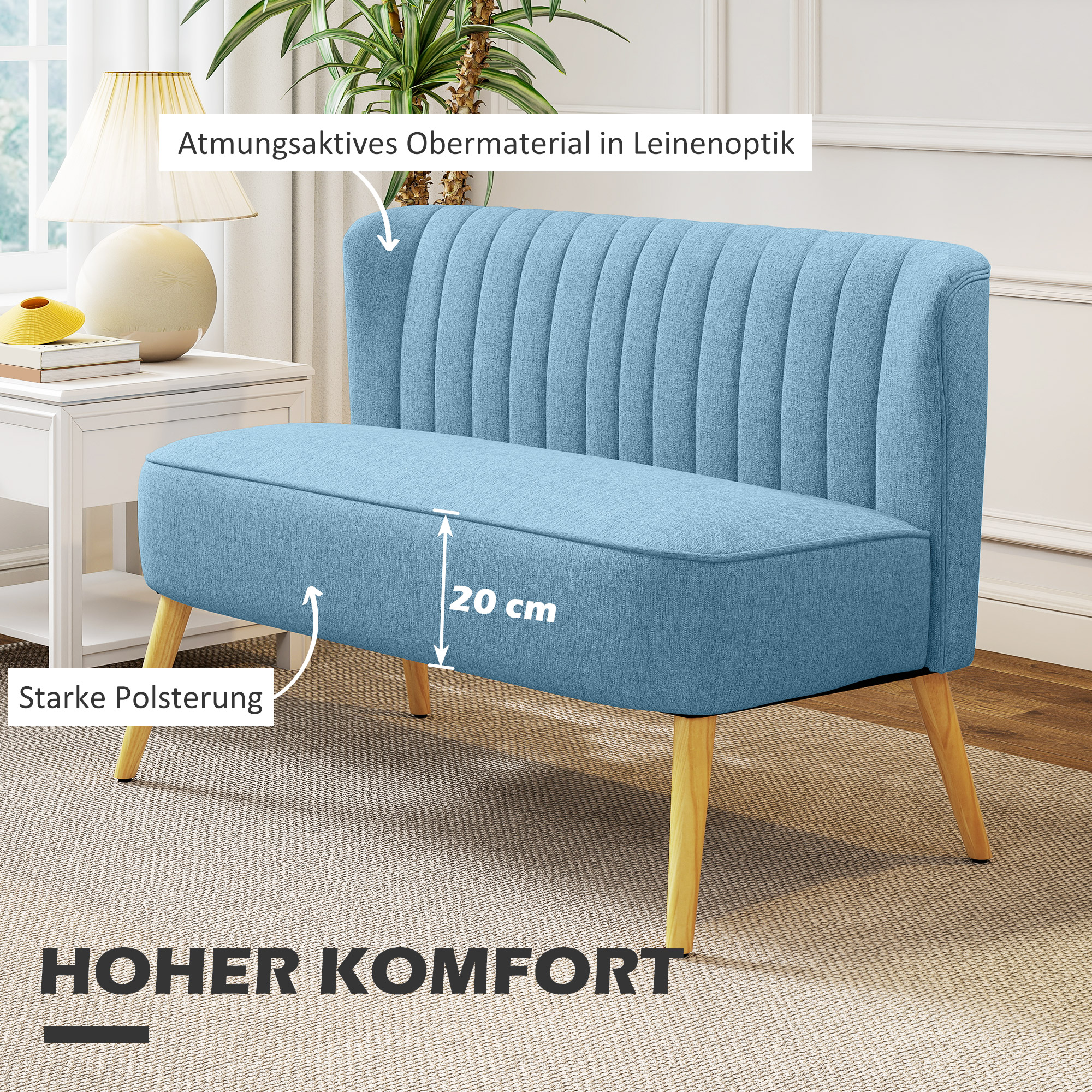 2-Sitzer Sofa im Retro-Look, weiche Polsterung, pflegeleichter Bezug, bis 150 kg, 117 x 56,5 x 77 cm, Blau