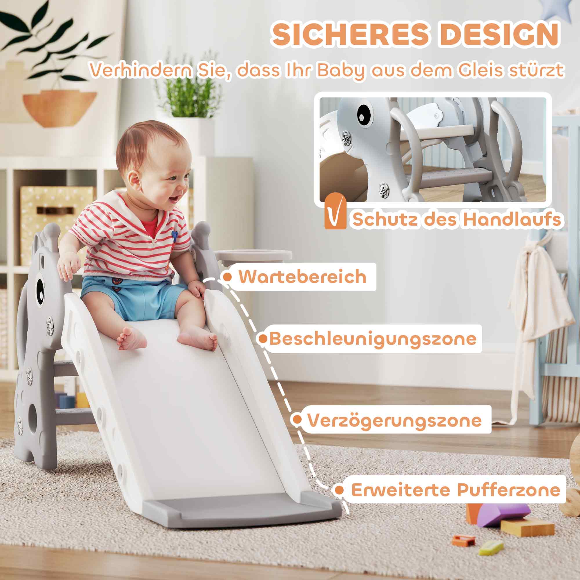 3-in-1 Rutsche für Kinder, Giraffenform, Basketballkorb, Ball, Grau