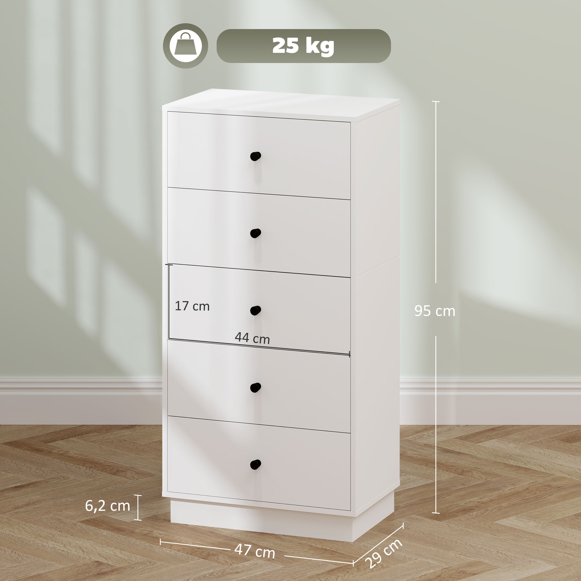 Kommode Sideboard mit 5 Schubladen Schrank aus Holzwerkstoff im Modern Stil 47 x 29 x 95 cm Weiß