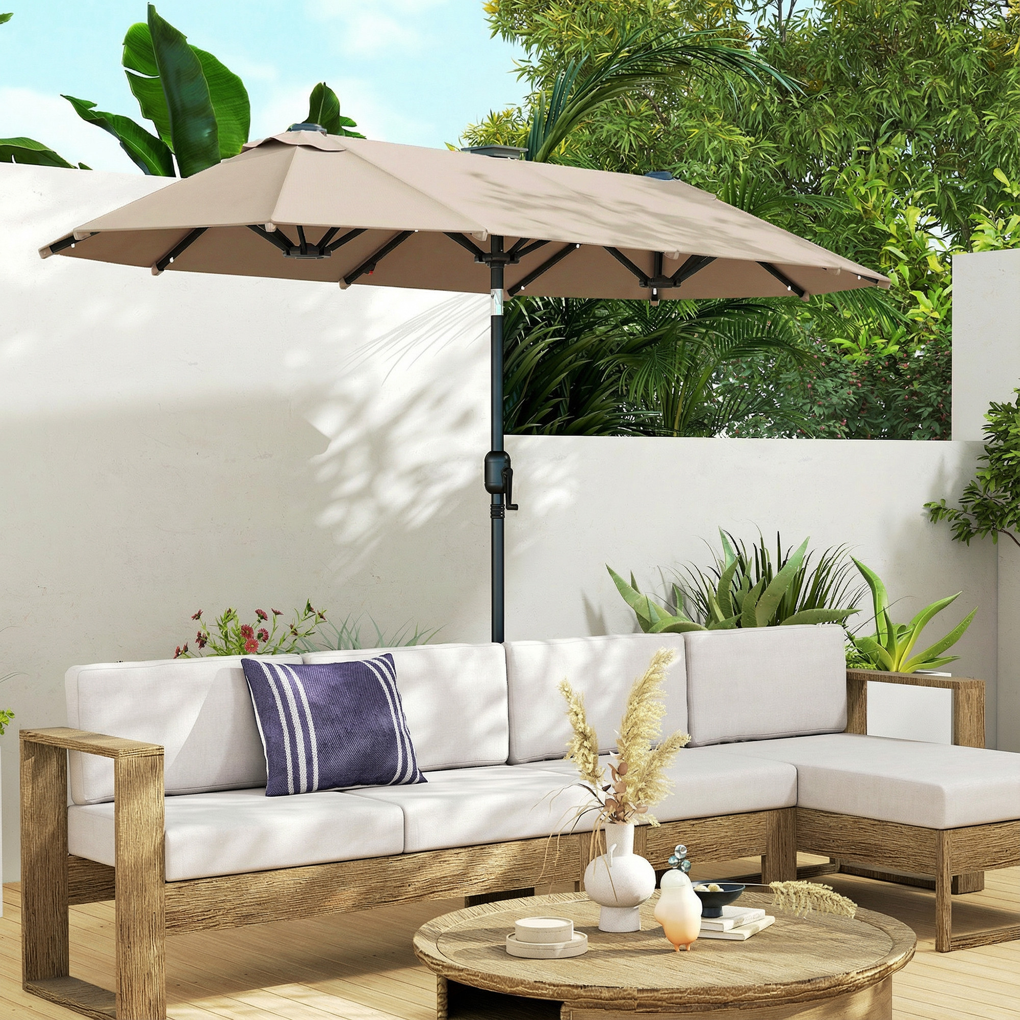 Doppelsonnenschirm 292 x 150 cm, Sonnenschirm mit mit LED-Beleuchtung Handkurbel, Knickfunktion Khaki