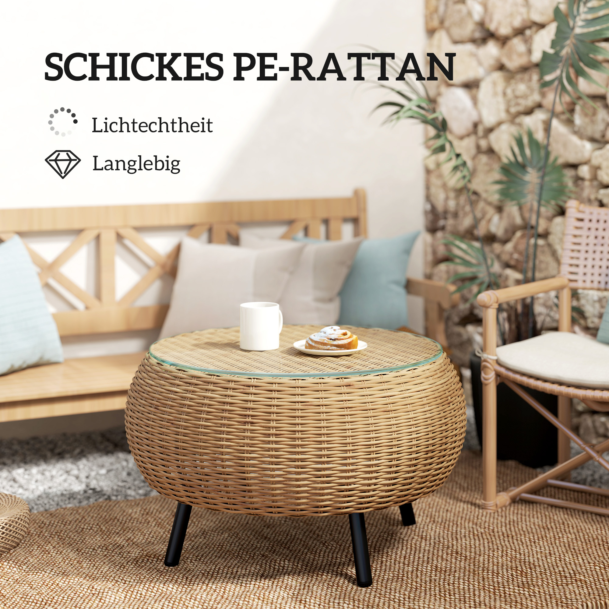 Beistelltisch aus Polyrattan runder Kaffeetisch Couchtisch mit Glas Tischplatte Ø75 x 42 cm Braun